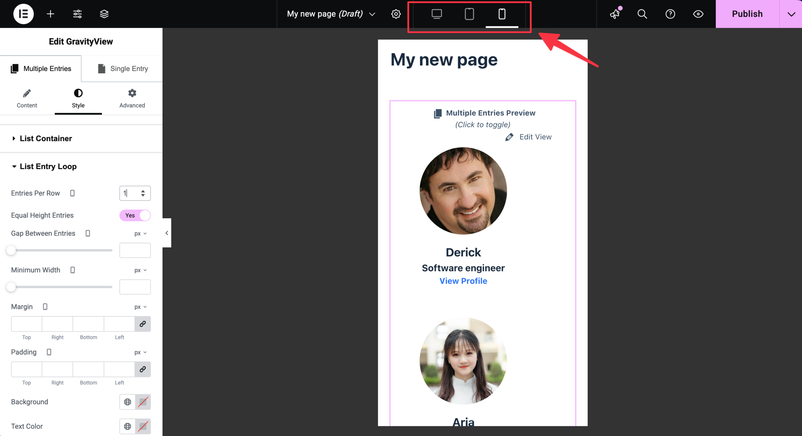 Elementor's responsivle controls