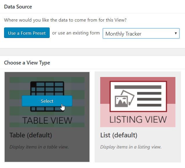 Choosing a data source and View type for a leaderboard