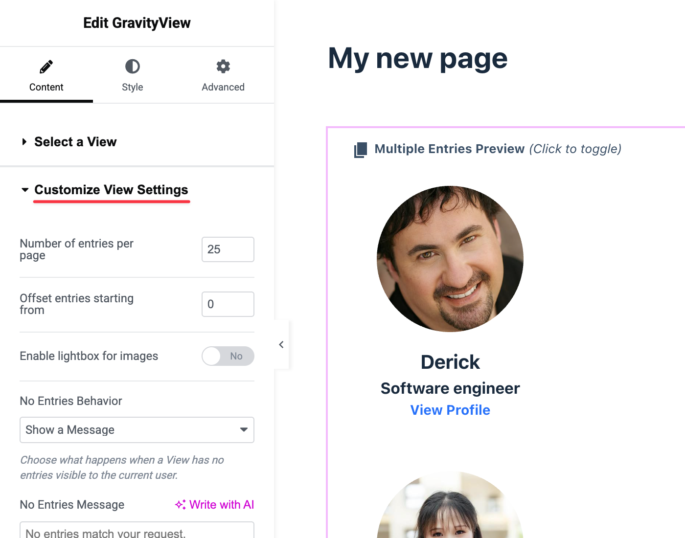 The Custom View Settings options on the Content tab of the GravityView widget