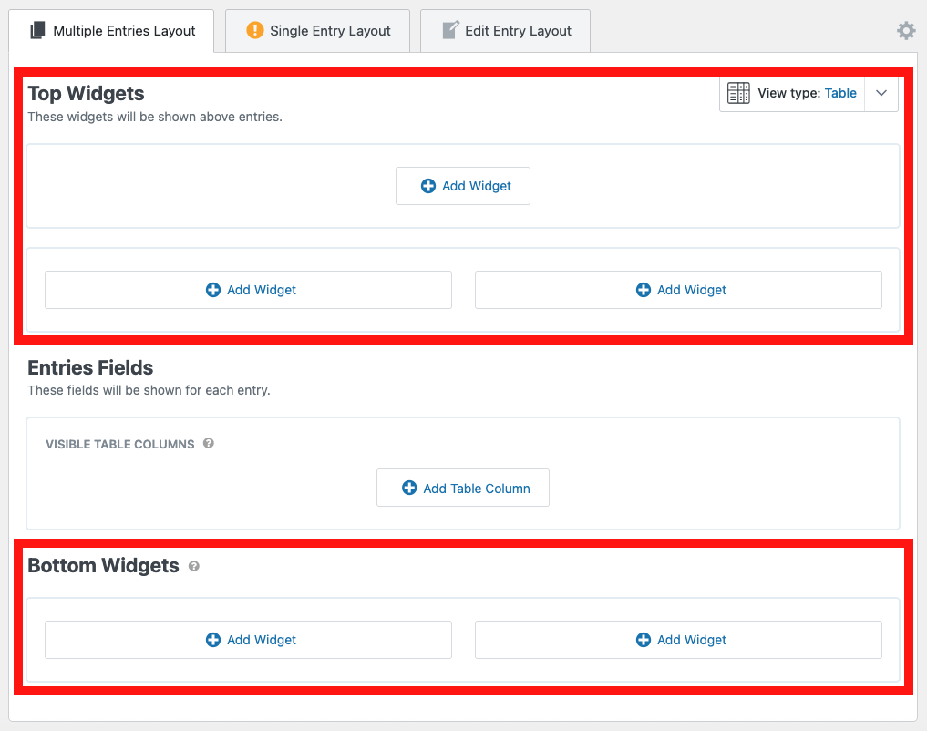 Screenshot: View editor showing top and bottom widget areas