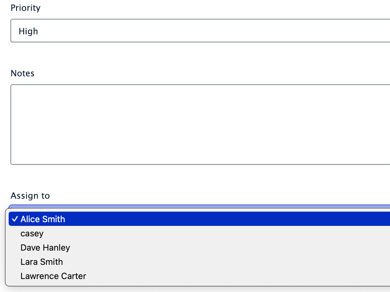 A Gravity Forms form on the front end showing Priority, Notes, and Assign to fields. The Assign to dropdown is open, listing WordPress users: Alice Smith (selected), casey, Dave Hanley, Lara Smith, and Lawrence Carter.