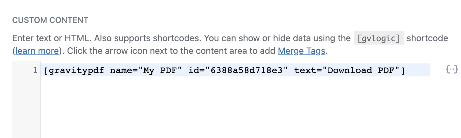 The Gravity PDF shortcode inside a GravityView Custom Content text editor