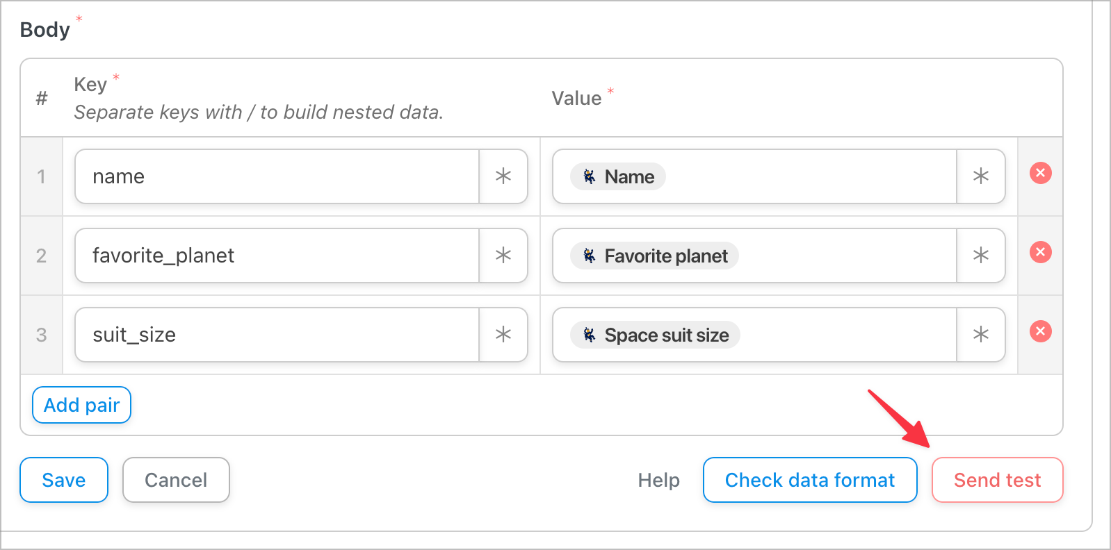The 'send test' button in uncanny automator