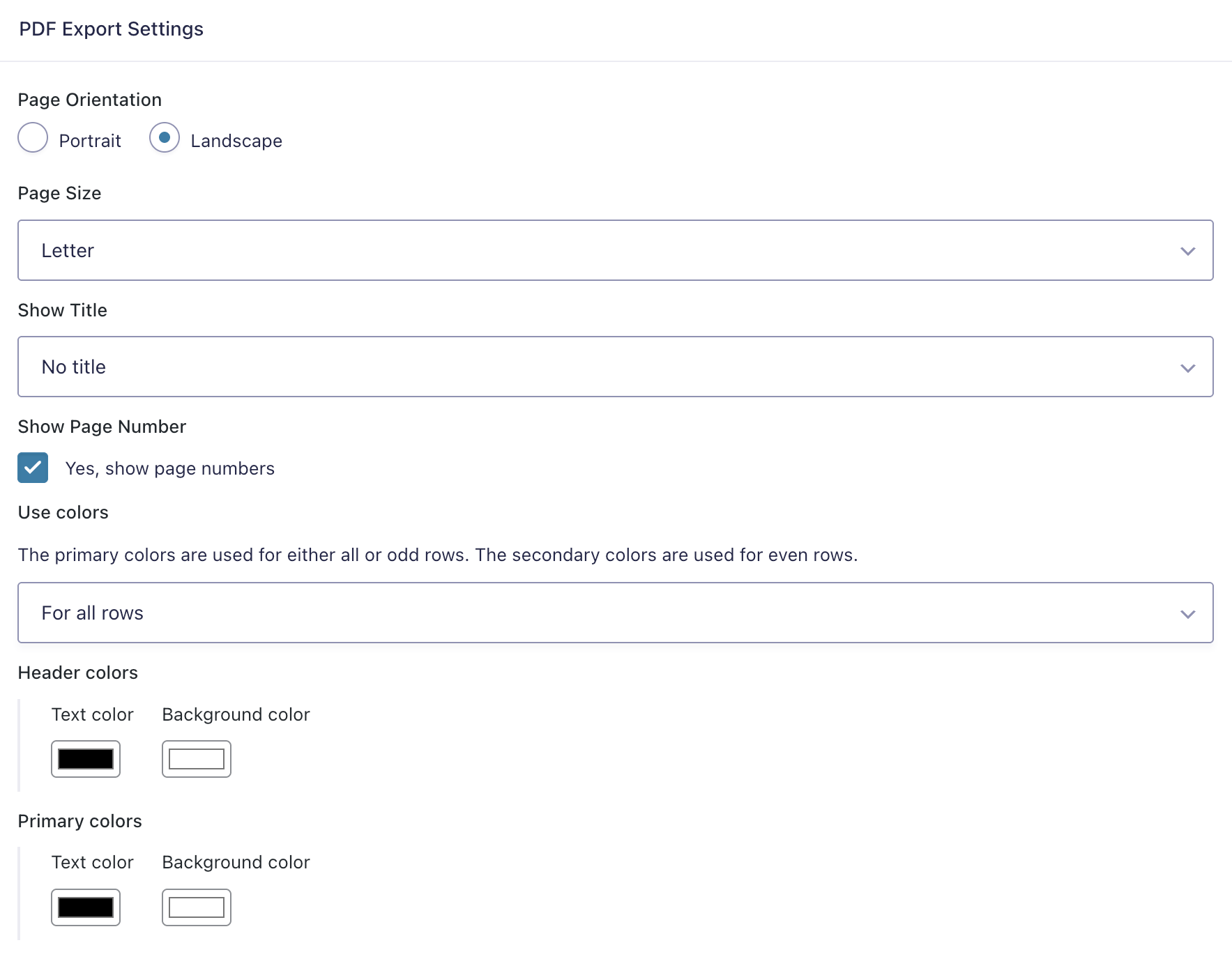 GravityExport PDF Export Settings panel showing options for page orientation, page size, show title, show page number, use colors, header colors, and primary colors