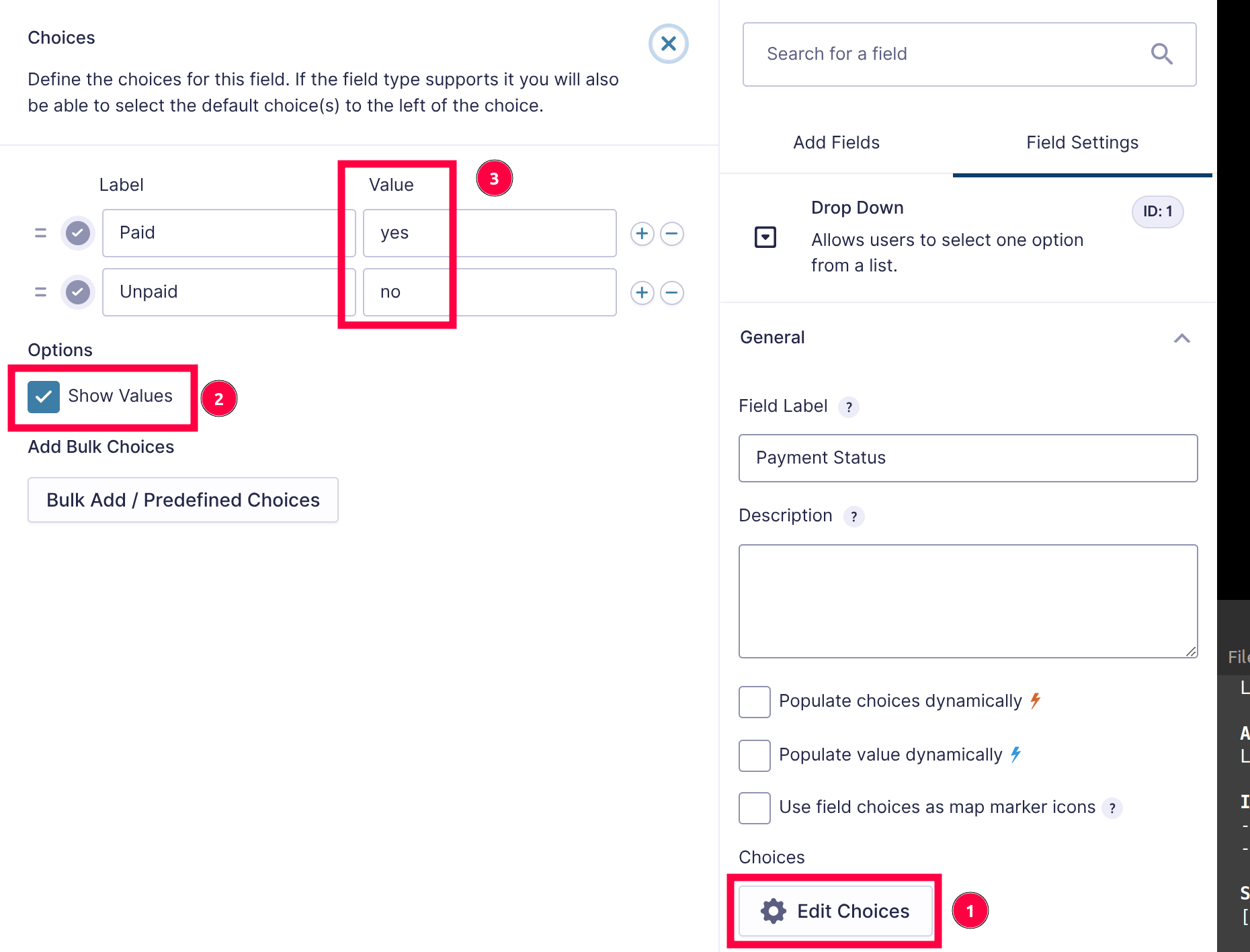 WordPress field settings dialog showing dropdown field configuration with payment status choices