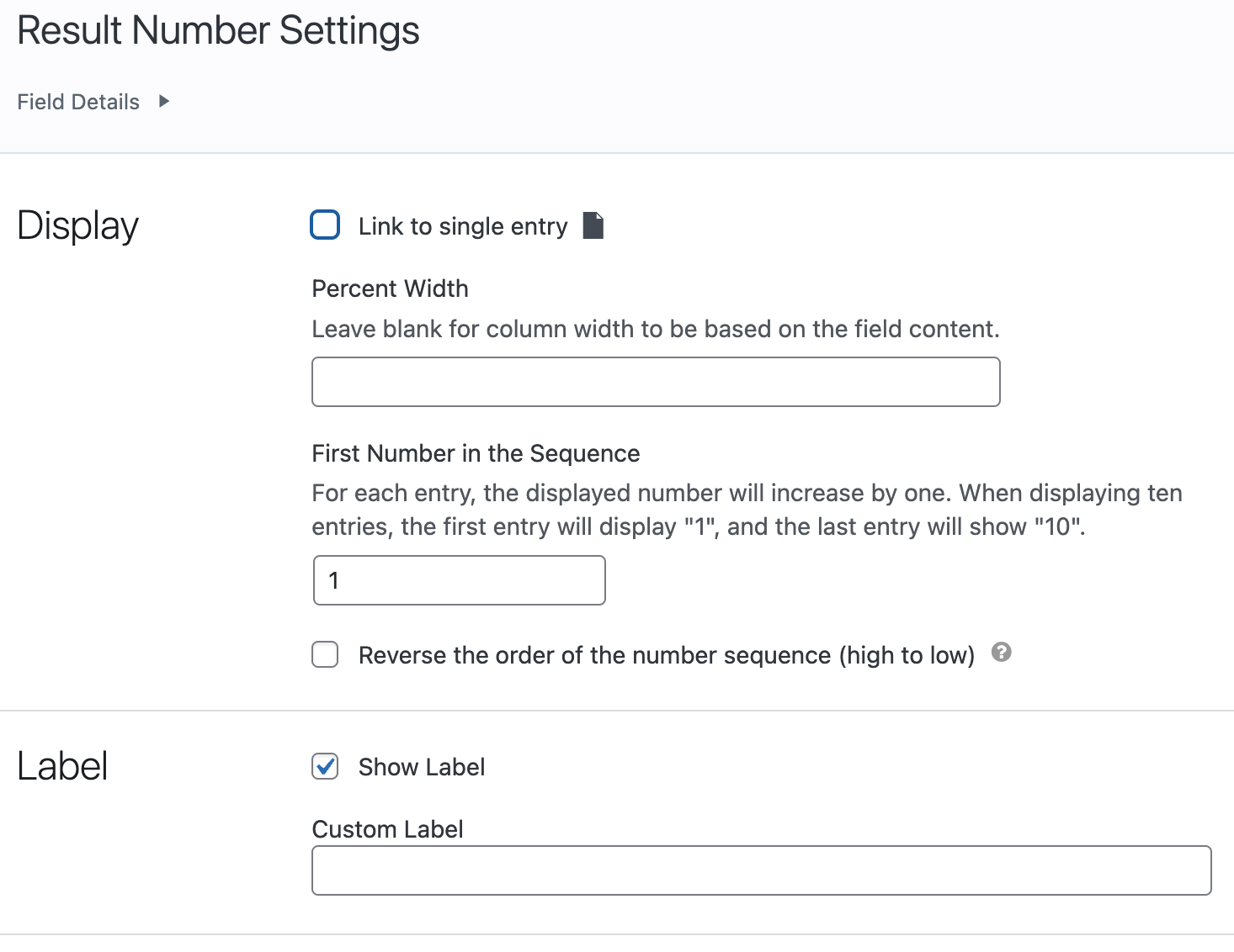 The Result Number field settings in GravityView