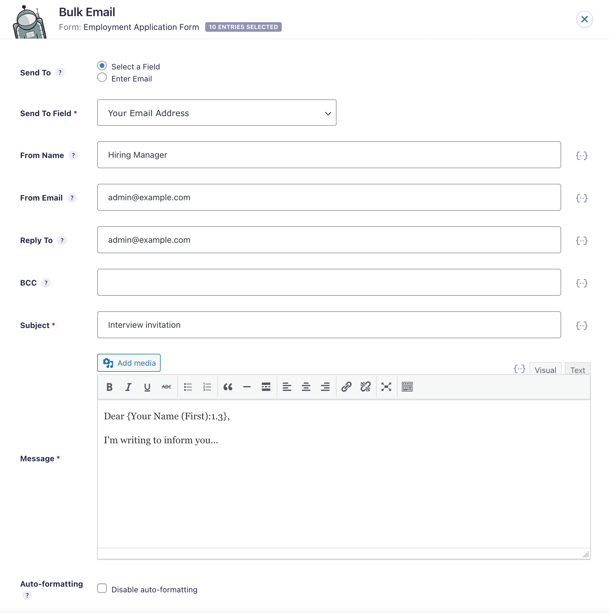 A window that allows you to configure your email message in GravityActions