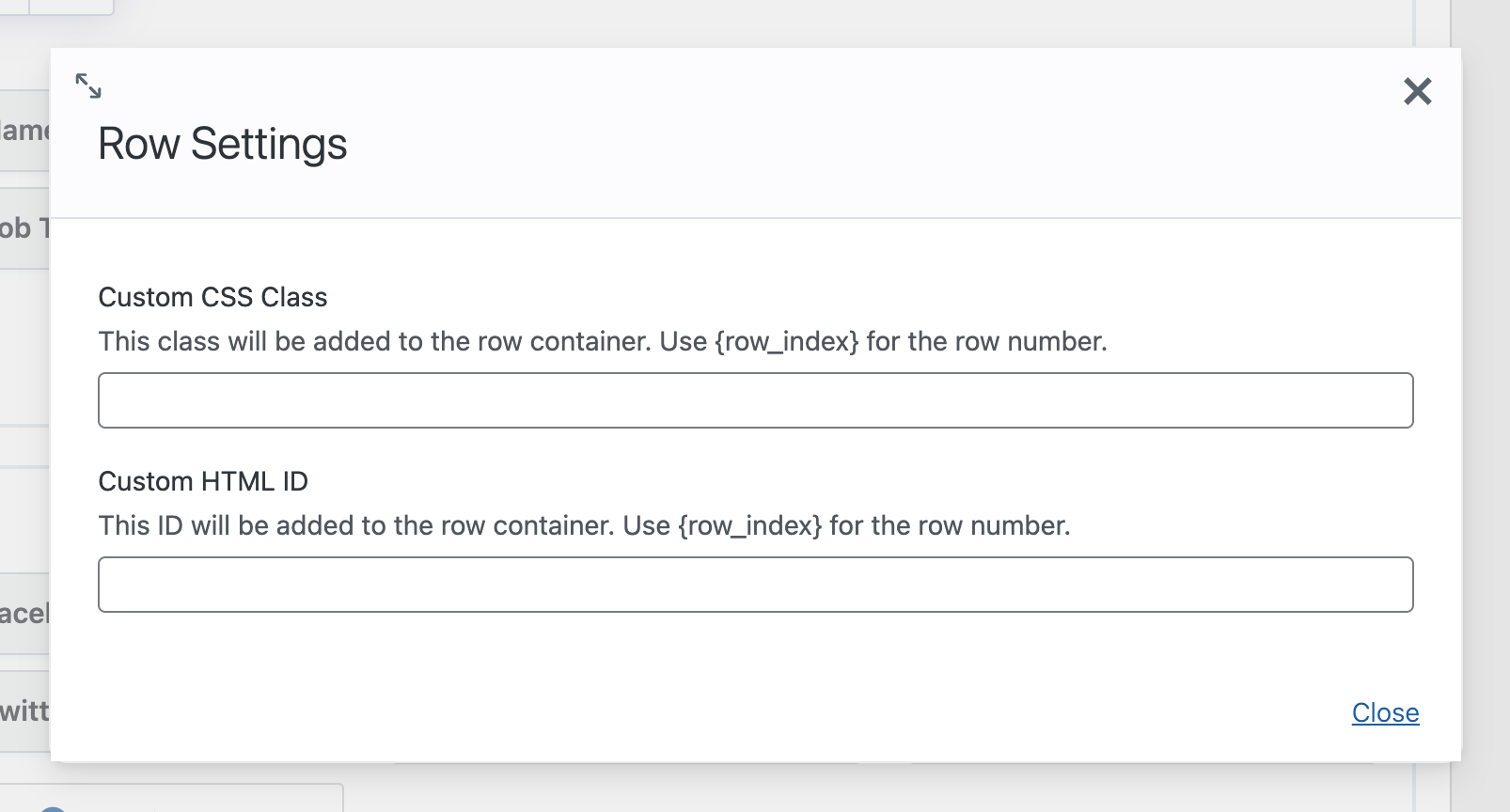 The Row Settings panel in GravityView. The Custom CSS Class field has a description reading