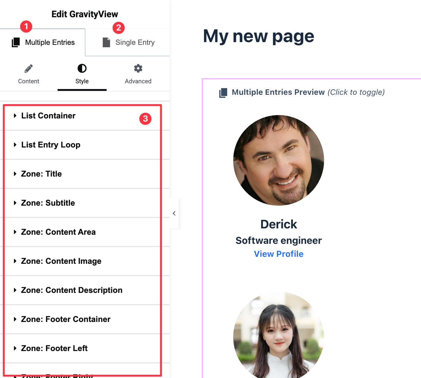 The GravityView widget with the Style tab selected. There are 2 additional tabs above for toggling between the Multiple Entries (1) and Single Entry (2) layouts. There are other settings sections under the Style tab (3).