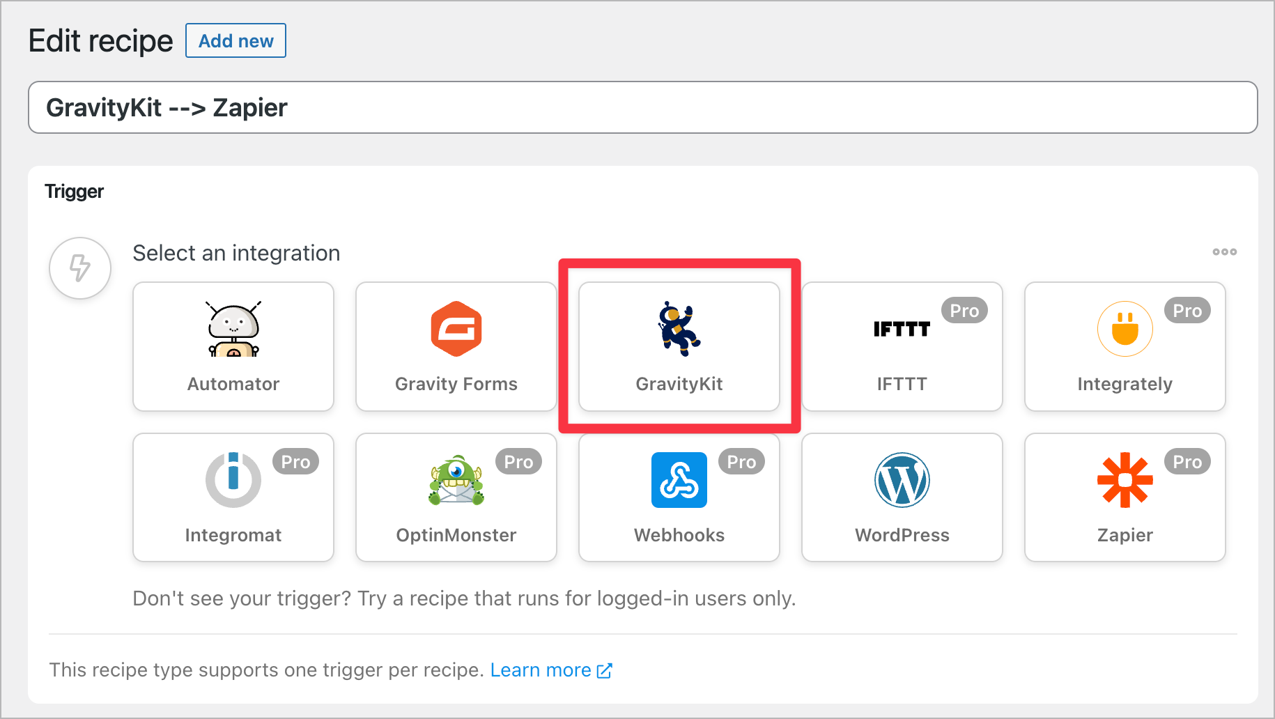 Selecting GravityKit as the integration and Trigger in Uncanny Automator