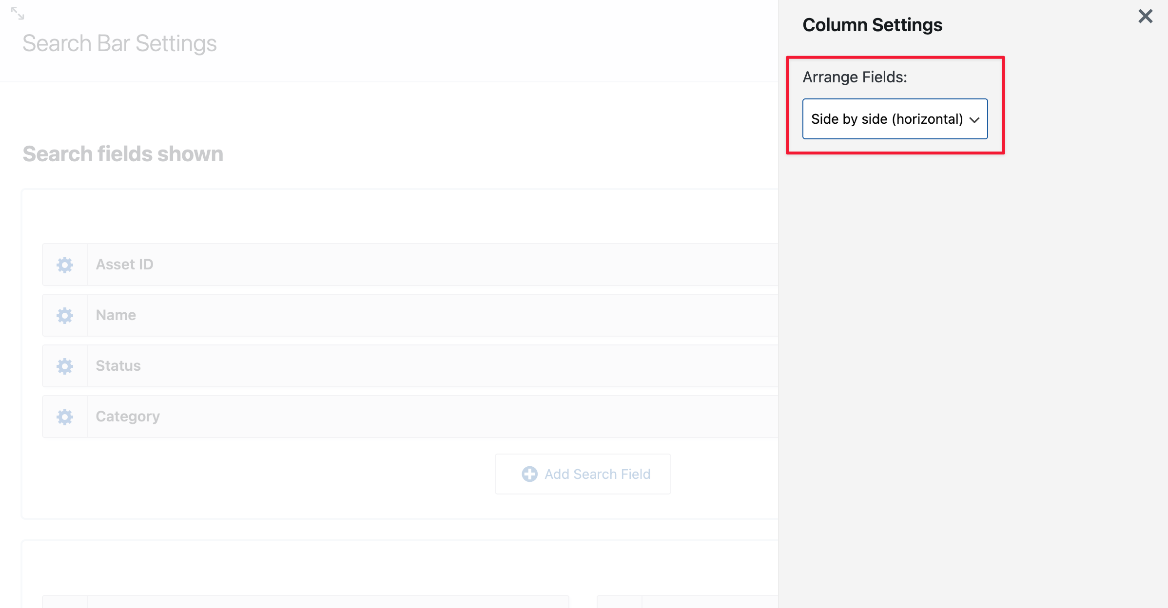 A side panel with a single dropdown labeled 'Arrange Fields'