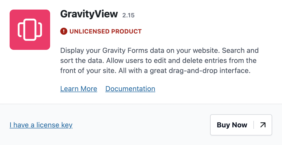 A plugin overview with a warning message indicating that it's an unlicensed product