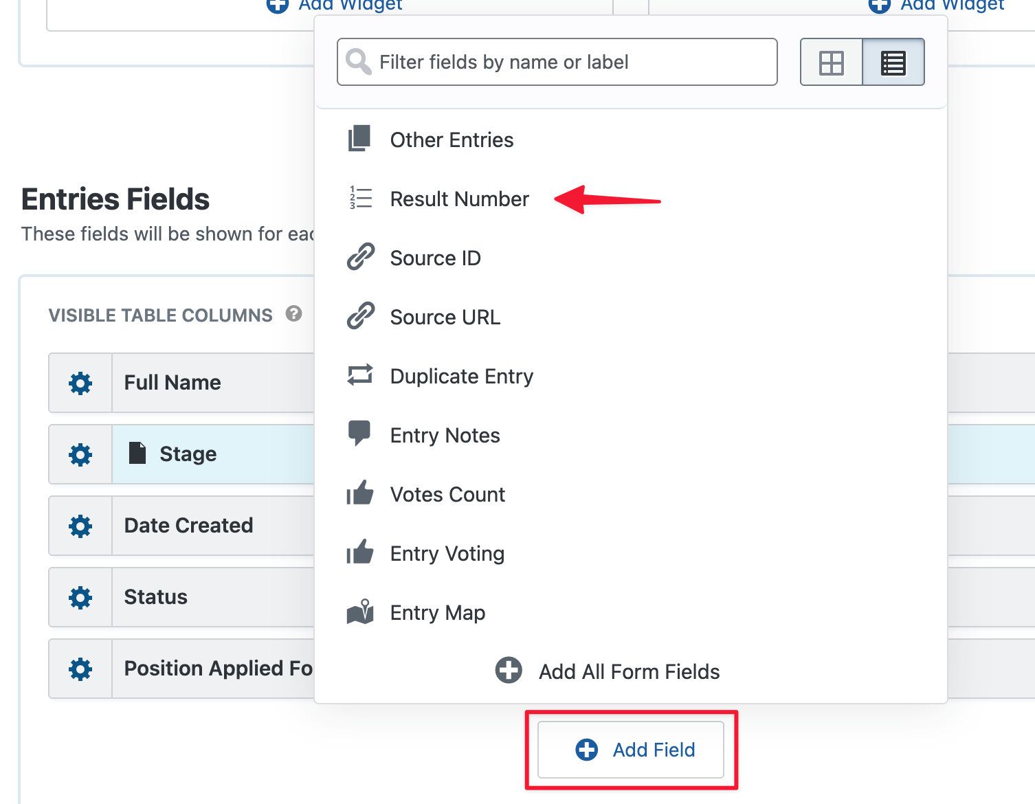The field picker in GravityView. There is an arrow pointing to Result Number