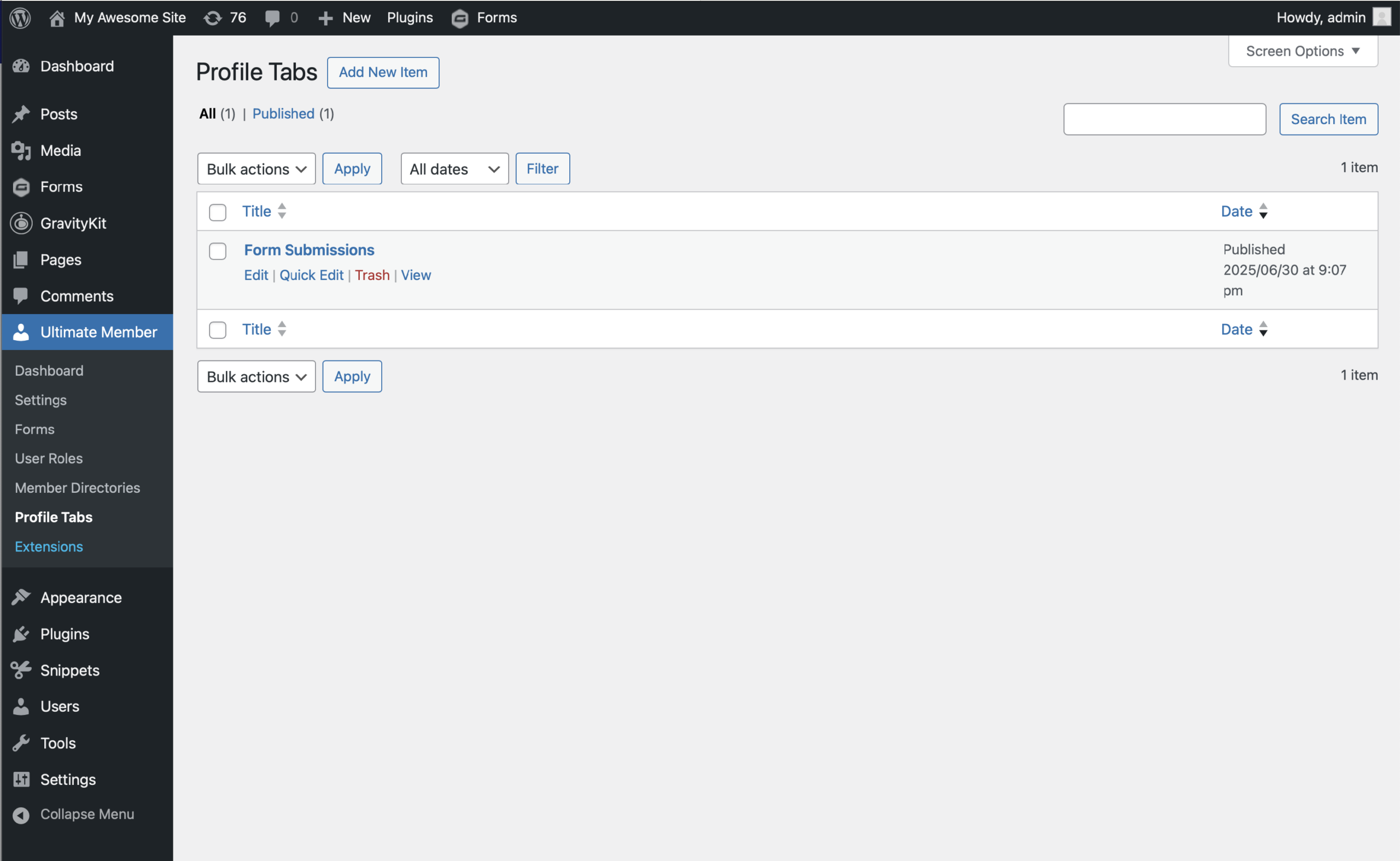 A screenshot showing the Forms Submission listed in the the Profile Tabs table in WordPress admin.
