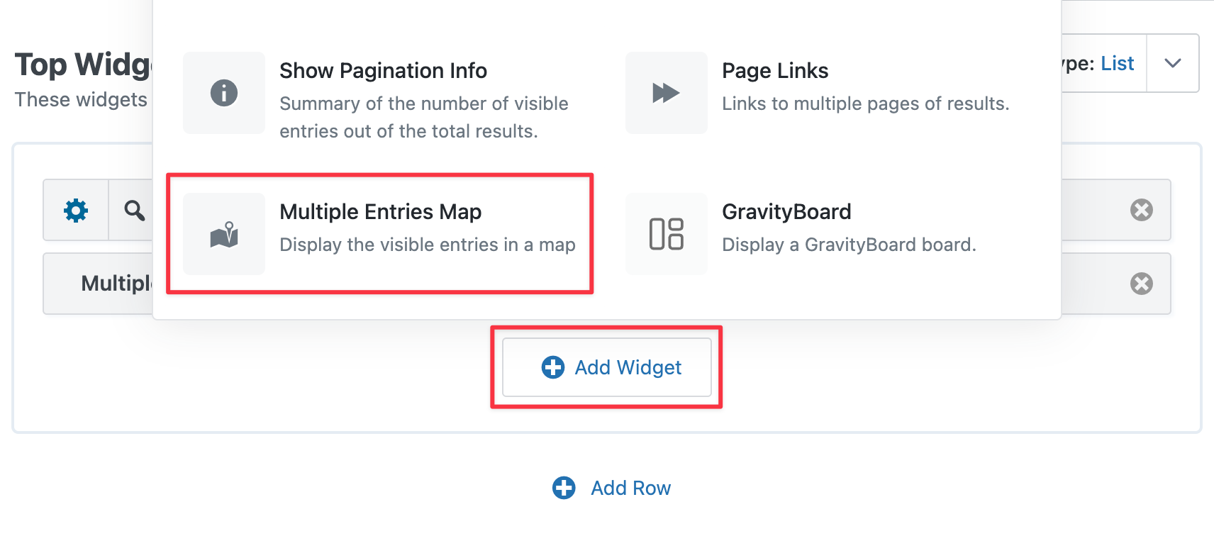 The 'Multiple Entries Map' widget in the GravityView editor