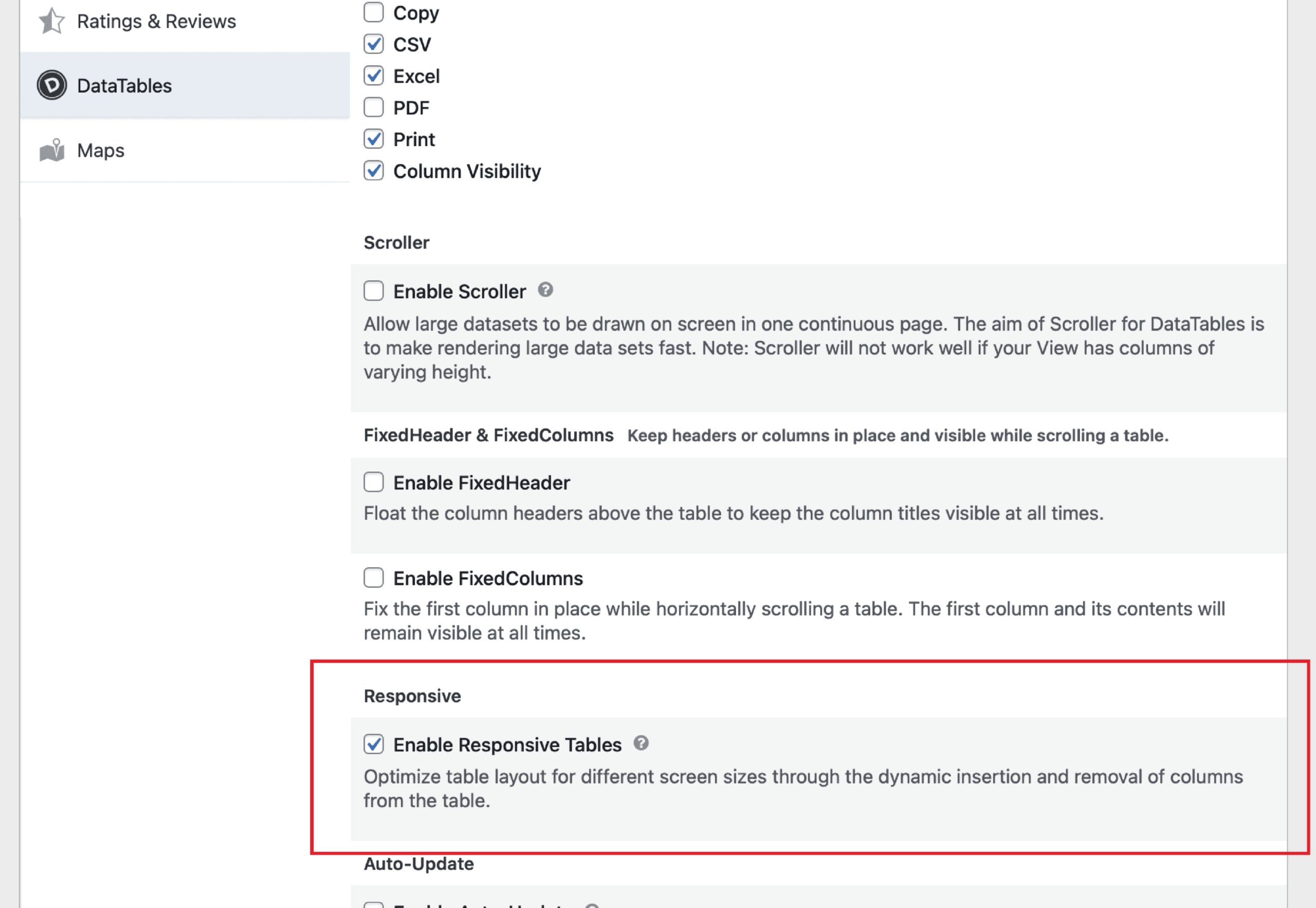 The Enable Responsive Tables setting highlighted inside the DataTables Settings tab.
