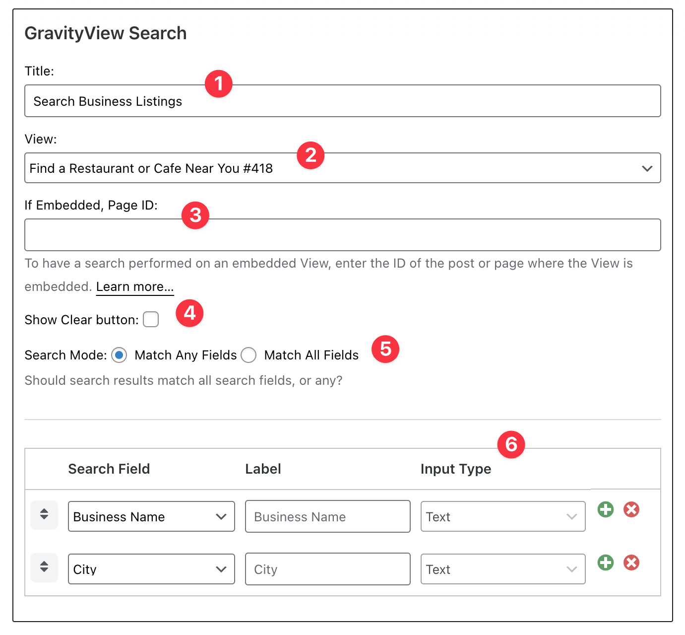 The GravityView Search widget settings