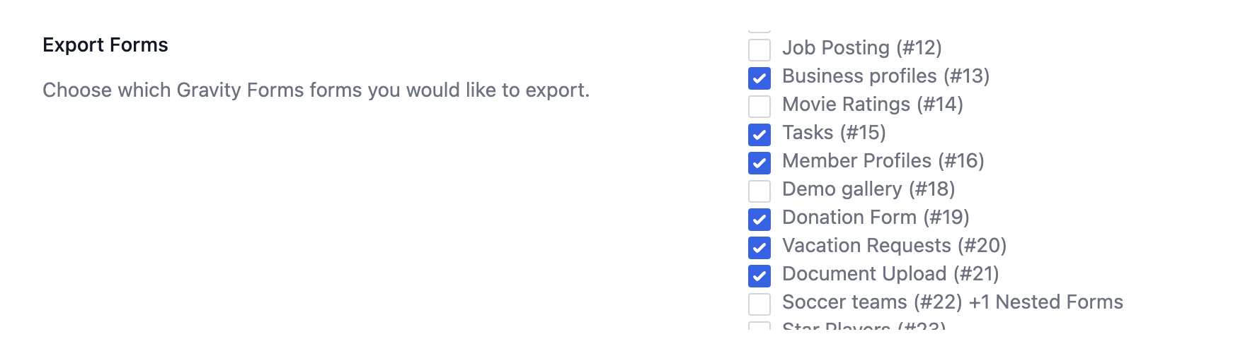 Several checkboxes allowing you to select which forms to export in GravityMigrate