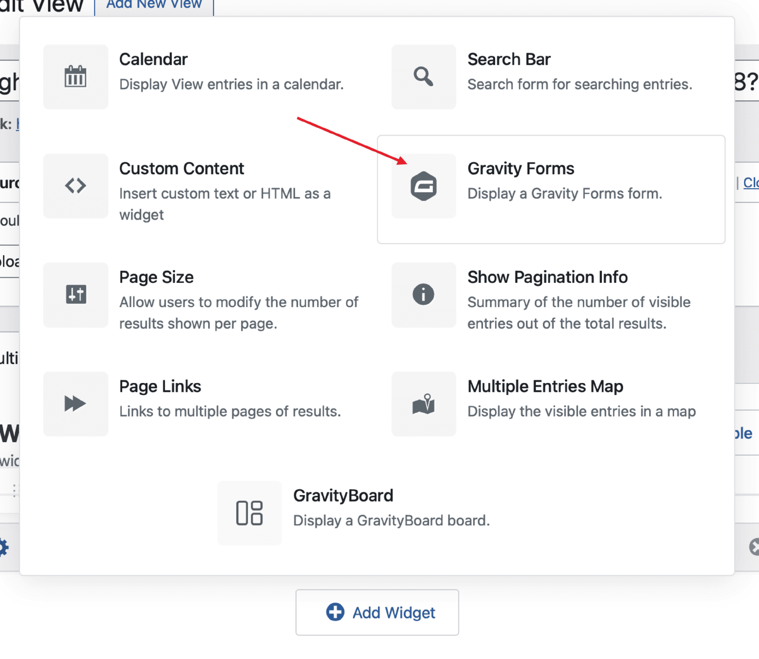 The widget picker in GravityView with Gravity Forms selected and with an arrow pointing to it.