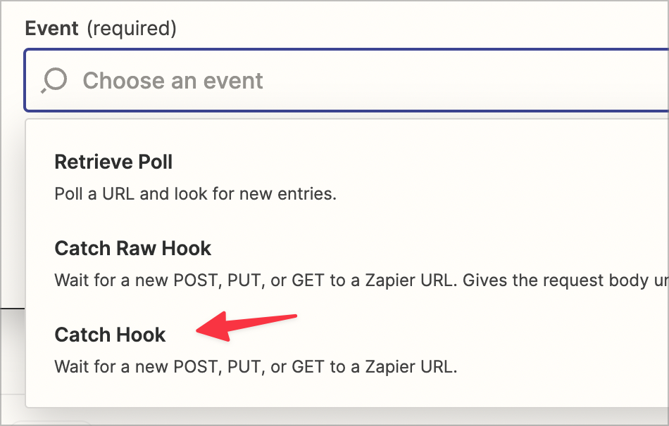 Selecting the 'Catch Hook' event in Zapier