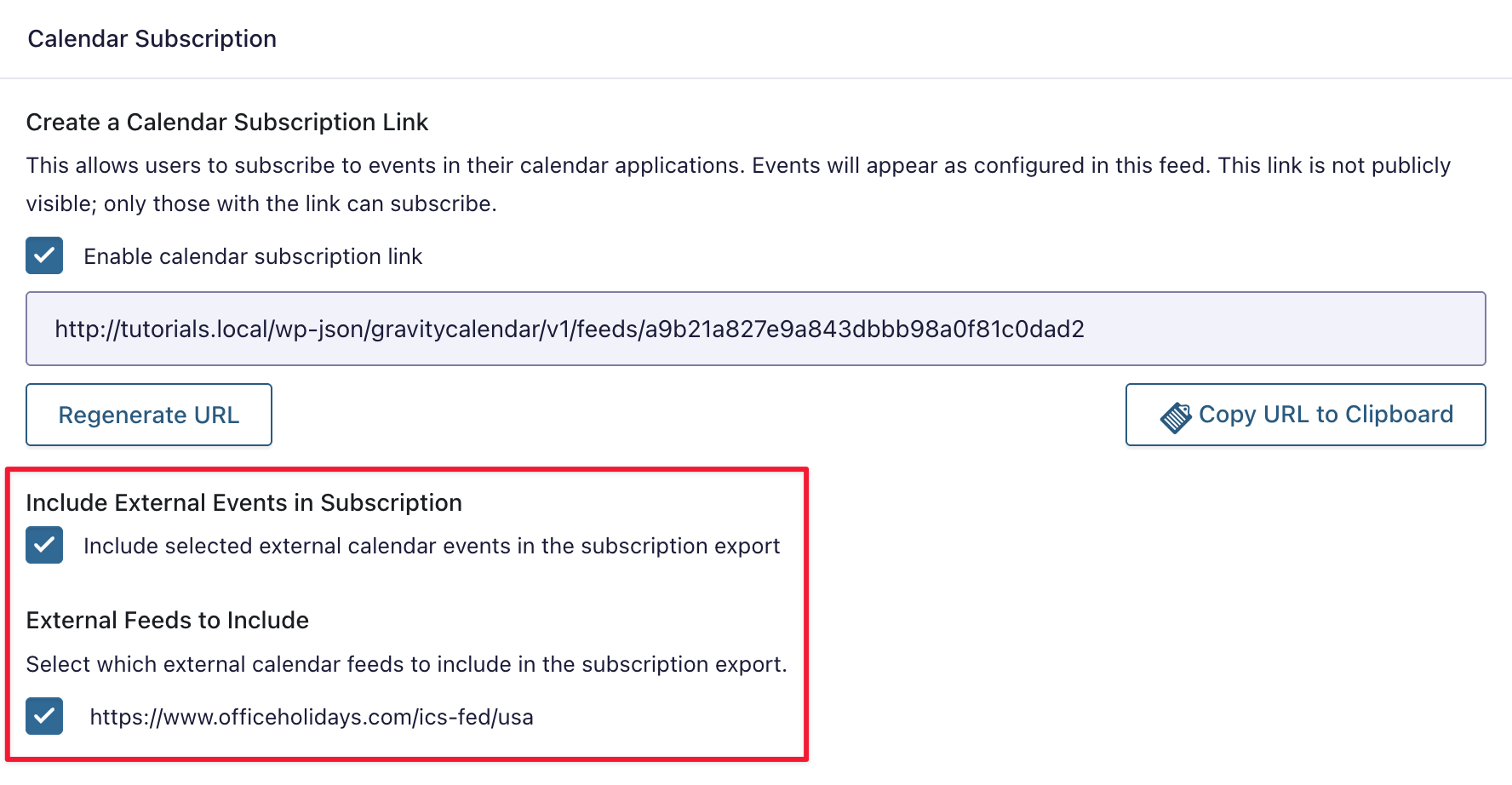 The GravityCalendar Calendar Subscription settings page. The