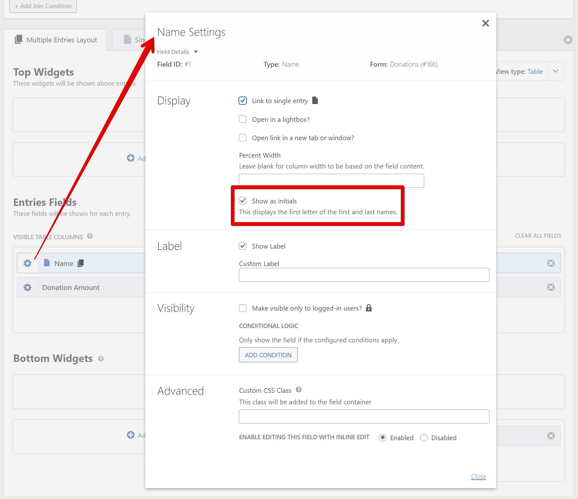 Screenshot showing the settings modal for the name field.