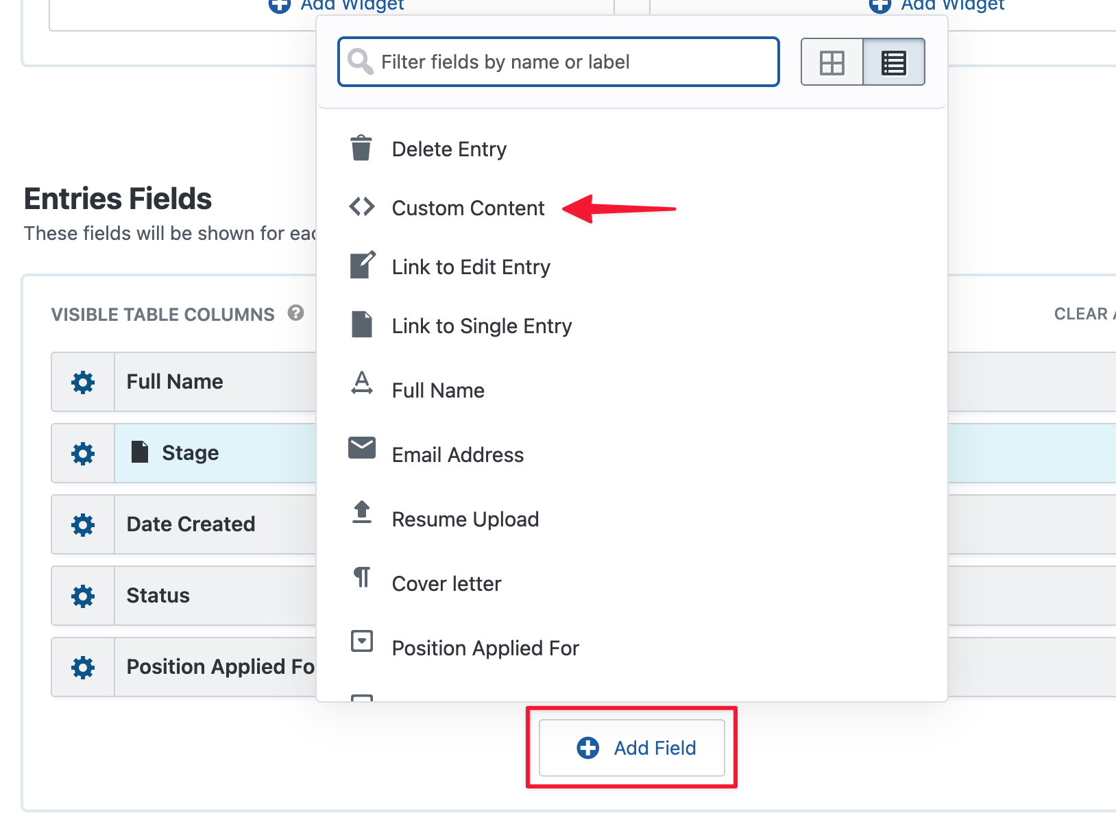 The field picker in GravityView. There is an arrow pointing to Custom Content.