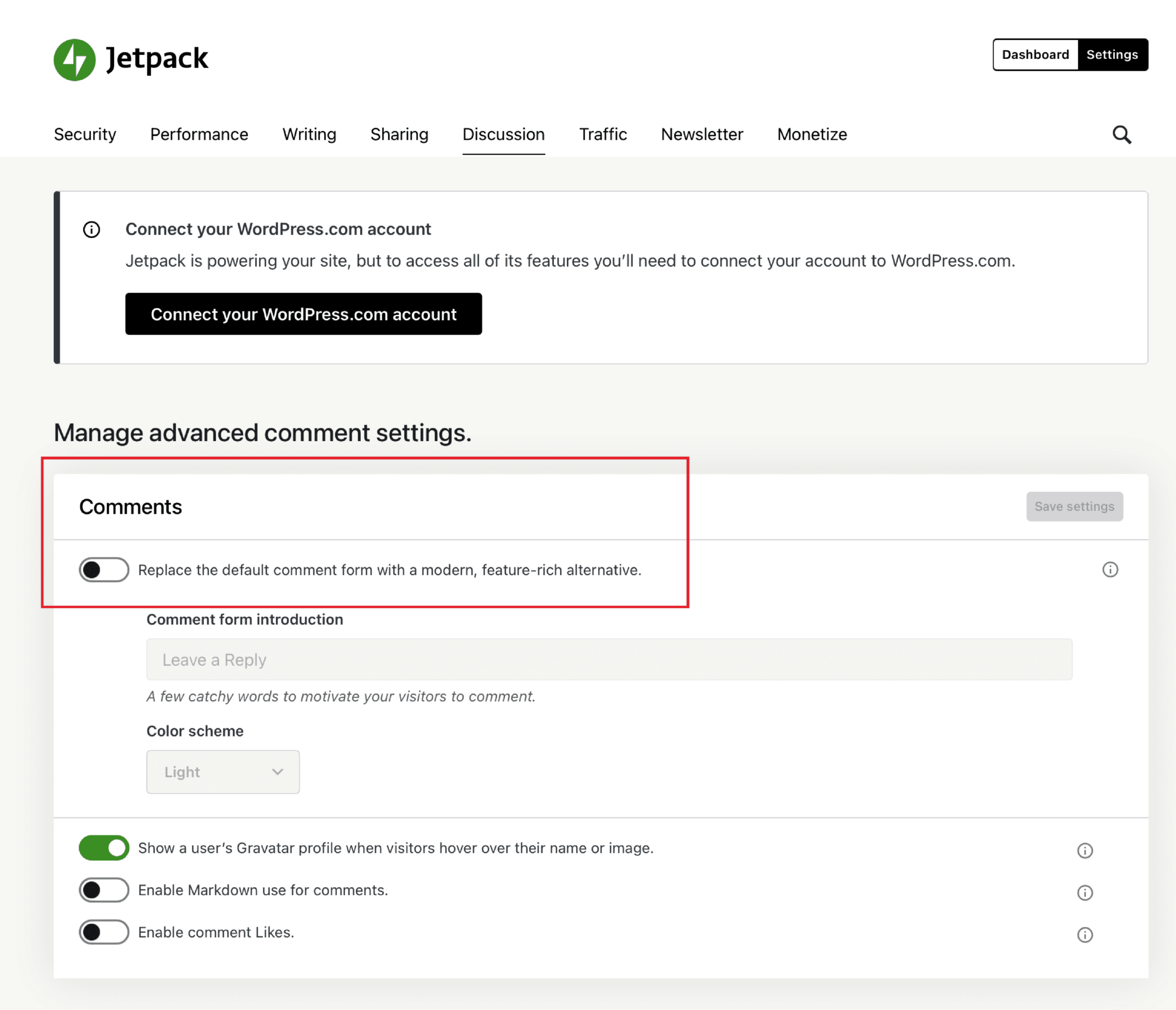 The Jepack Comments setting that causes problems when Ratings & Reviews is enabled is circled in a screenshot.