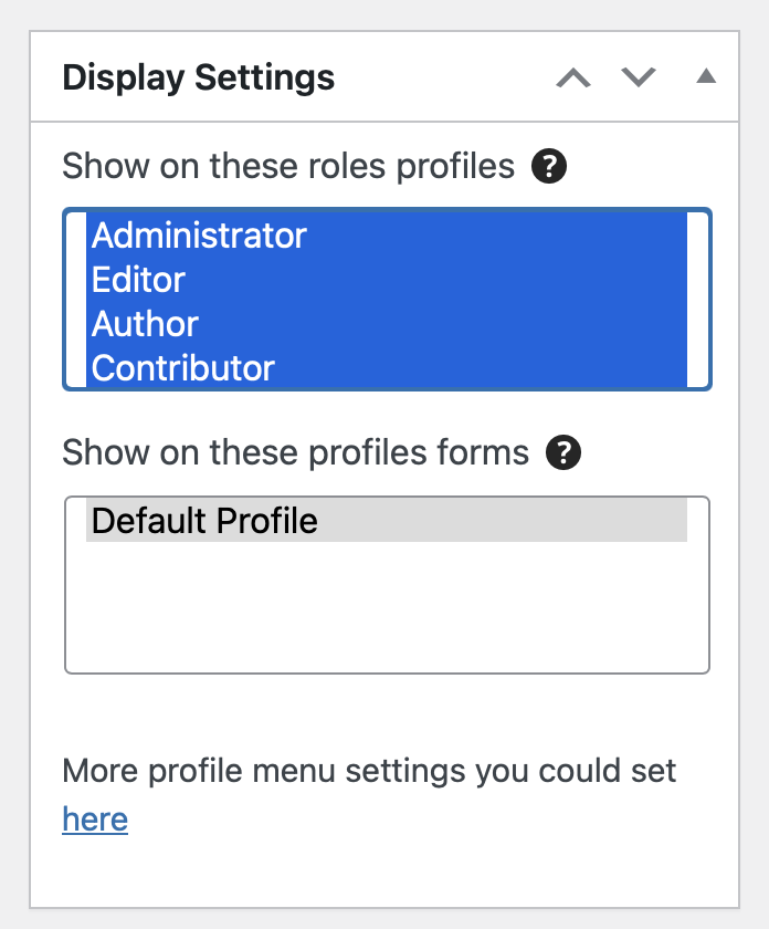 The Display Settings metabox in the Profile tab creation screen