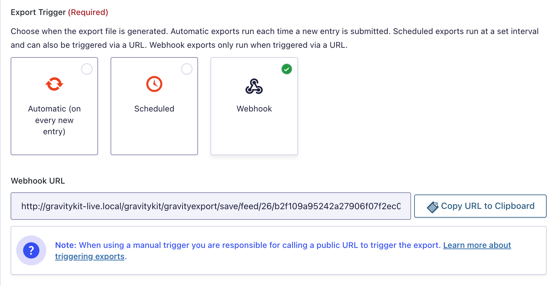 The GravityExport Save feed settings showing the Export Trigger option set to Webhook