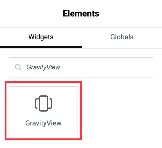 The Elementor widget picker. GravityView has been typed into the search bar and the widget is visible below.