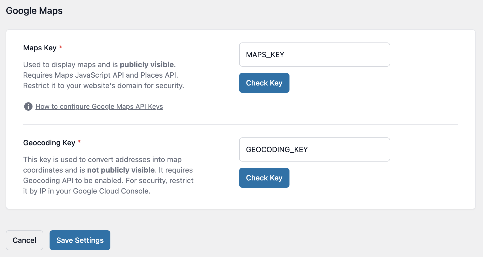 GravityView Maps settings page in WordPress showing two fields: ‘Maps Key’ and ‘Geocoding Key’ with and a description explaining what each key is used for.