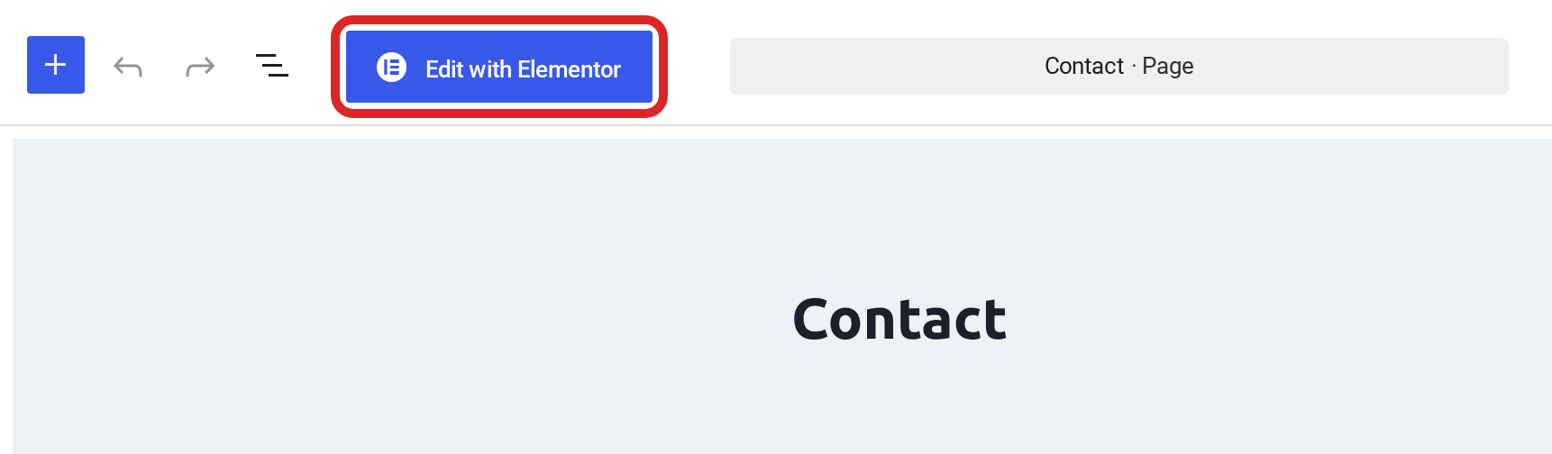 The WordPress block editor toolbar with the Edit with Elementor button outlined