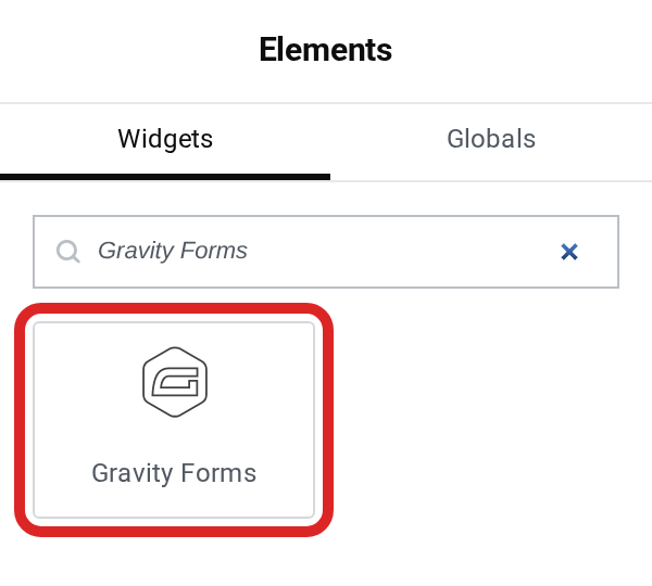 Elementor's Elements panel with Gravity Forms in the search box and the Gravity Forms widget outlined
