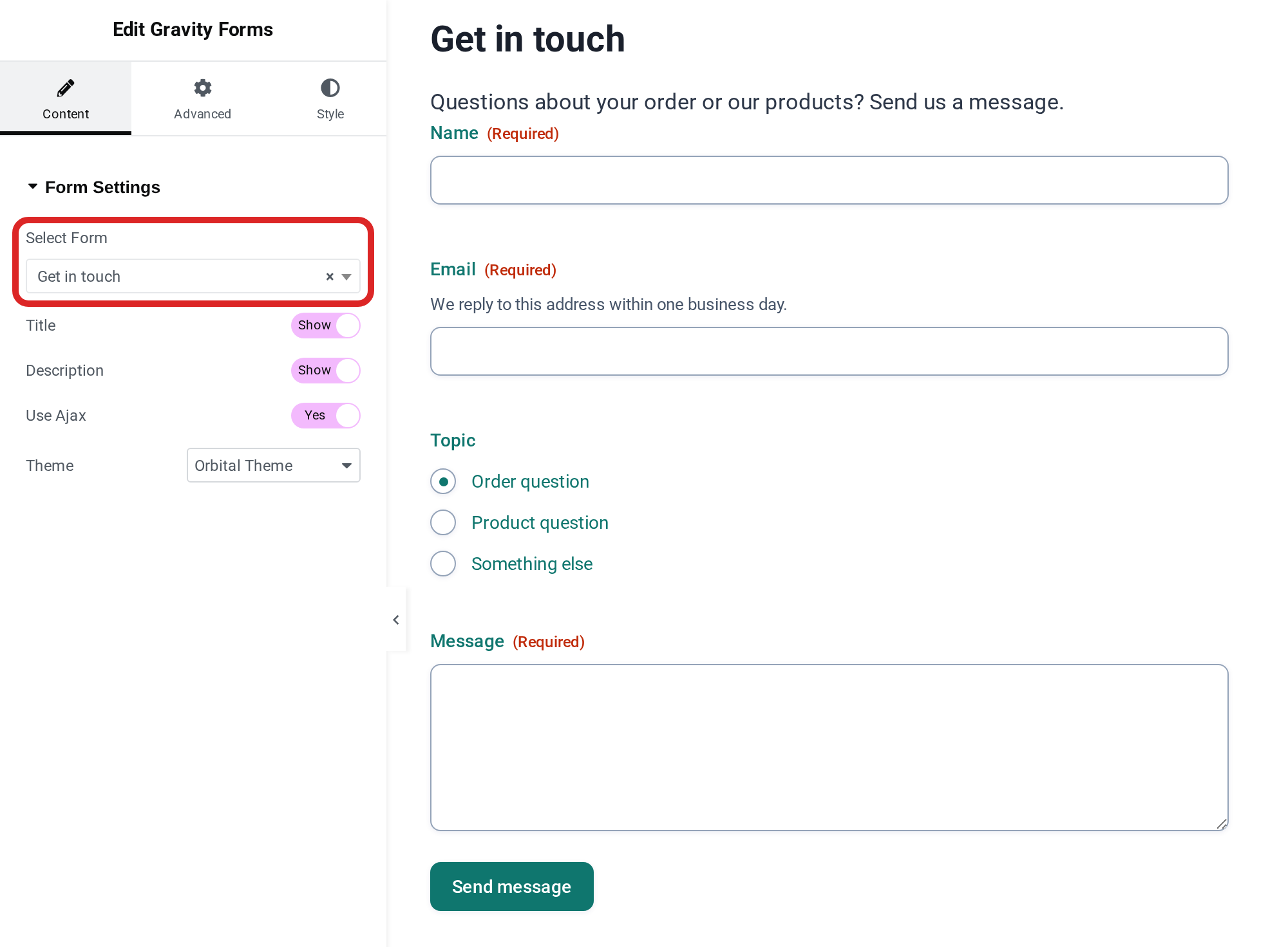 The Content tab of the Gravity Forms widget with Select Form outlined, next to a preview of the chosen form
