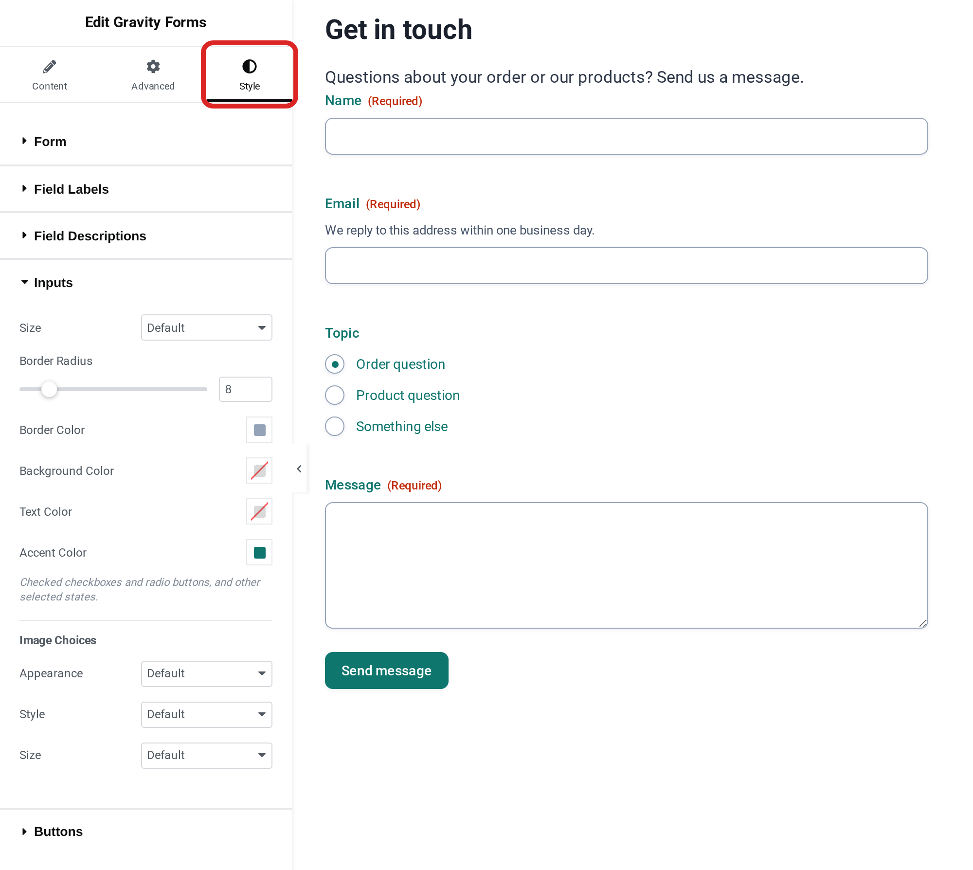 The Style tab of the Gravity Forms widget with the Inputs section open, next to a form preview in the chosen label, input, and button colors