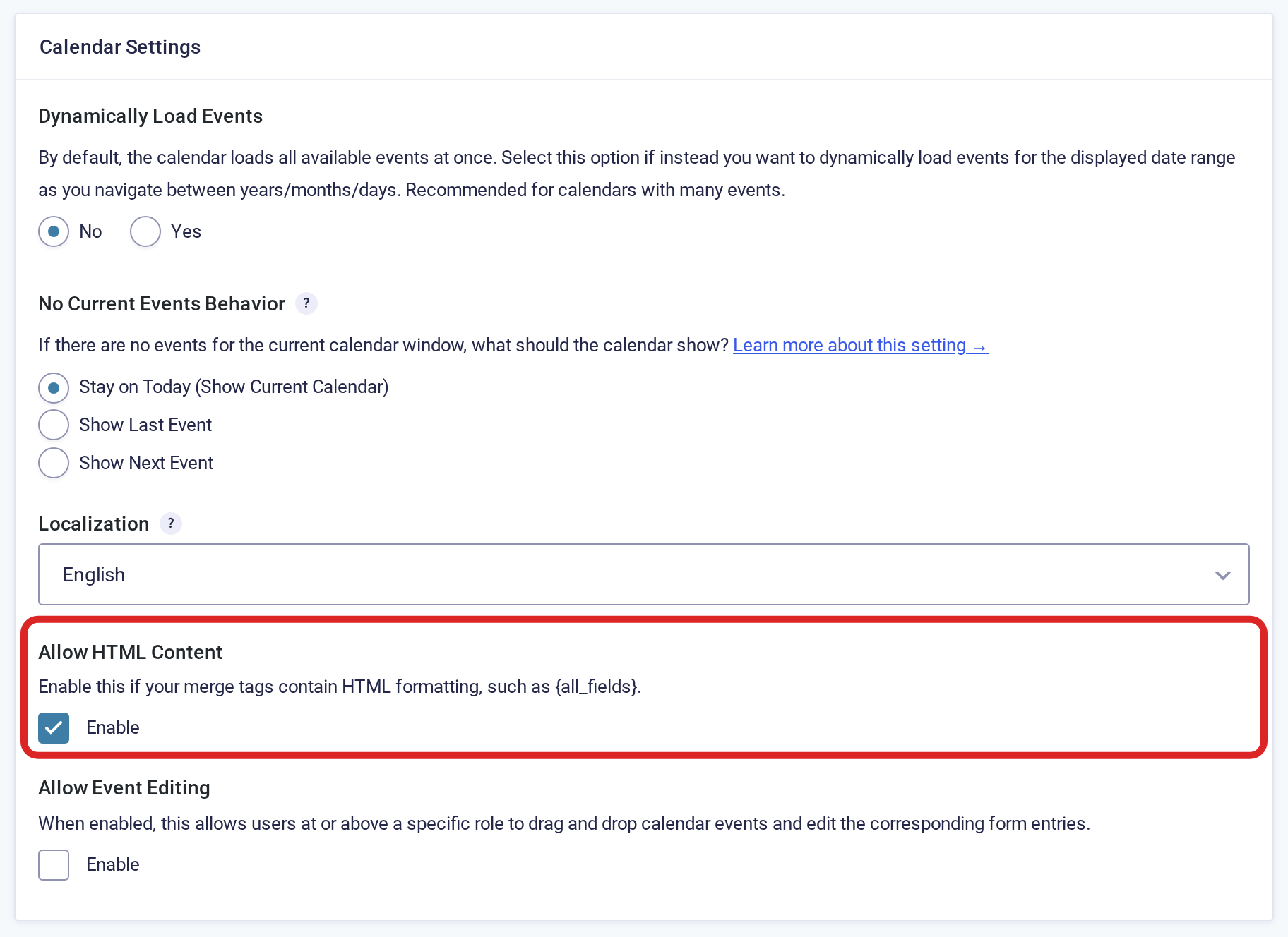 The Calendar Settings section with the Enable checkbox under Allow HTML Content checked