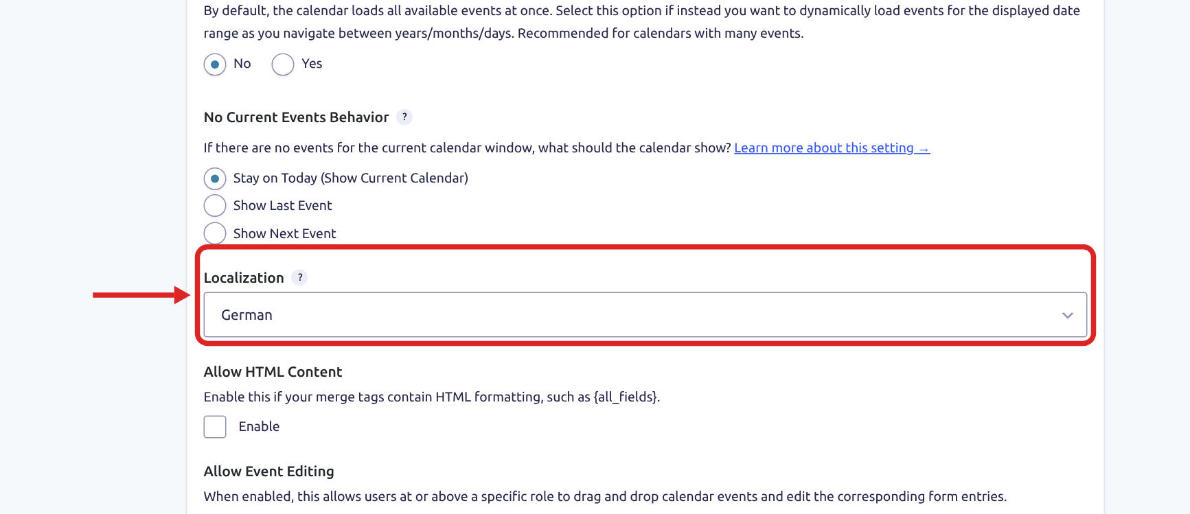 The calendar feed settings with the Localization setting set to German and outlined
