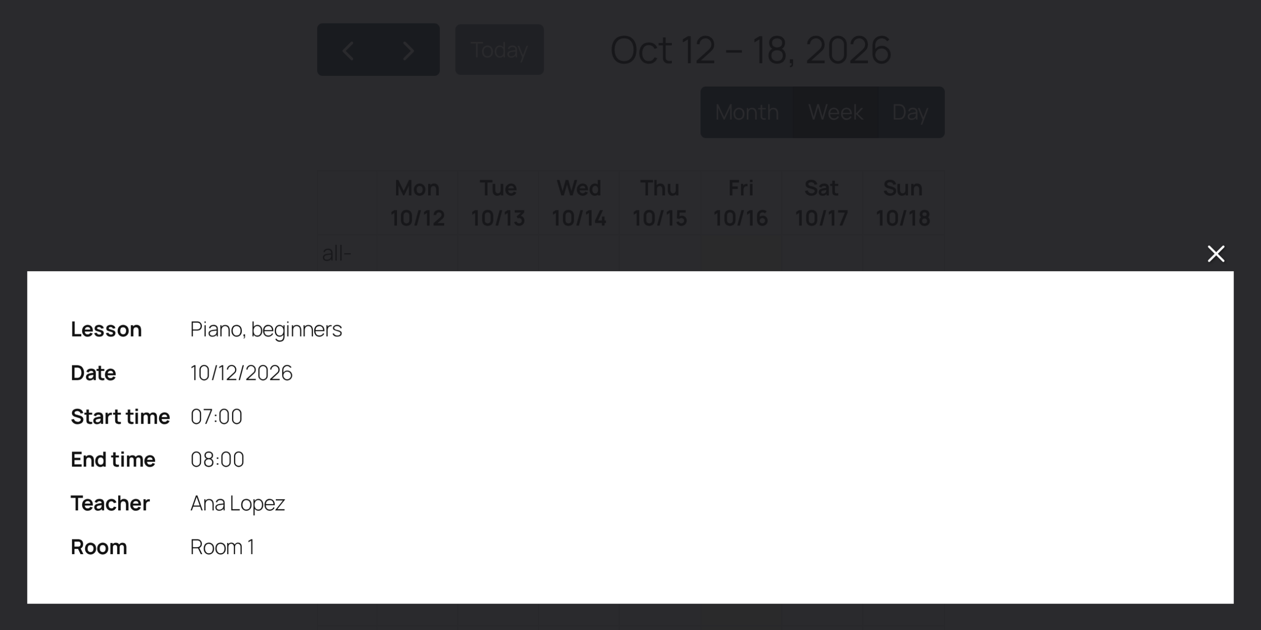 A week calendar dimmed behind a lightbox that shows the Piano, beginners entry with its date, start time, end time, teacher, and room