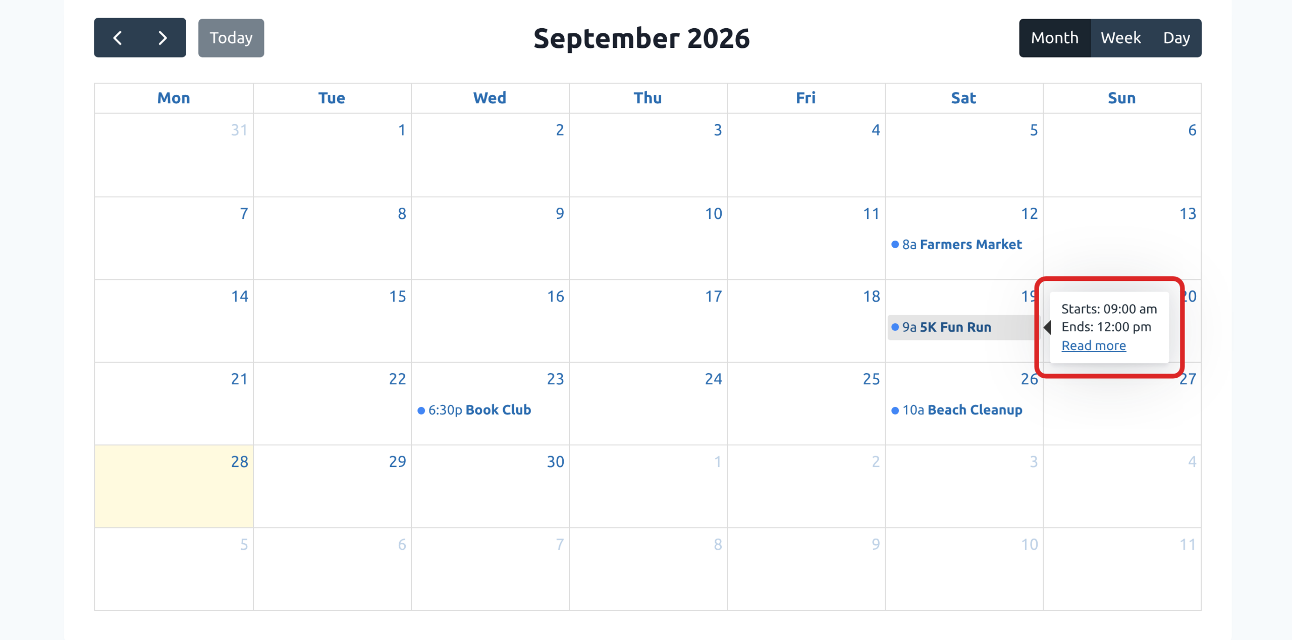 A month calendar with the description box of the 5K Fun Run event open, showing its start and end times and a Read more link
