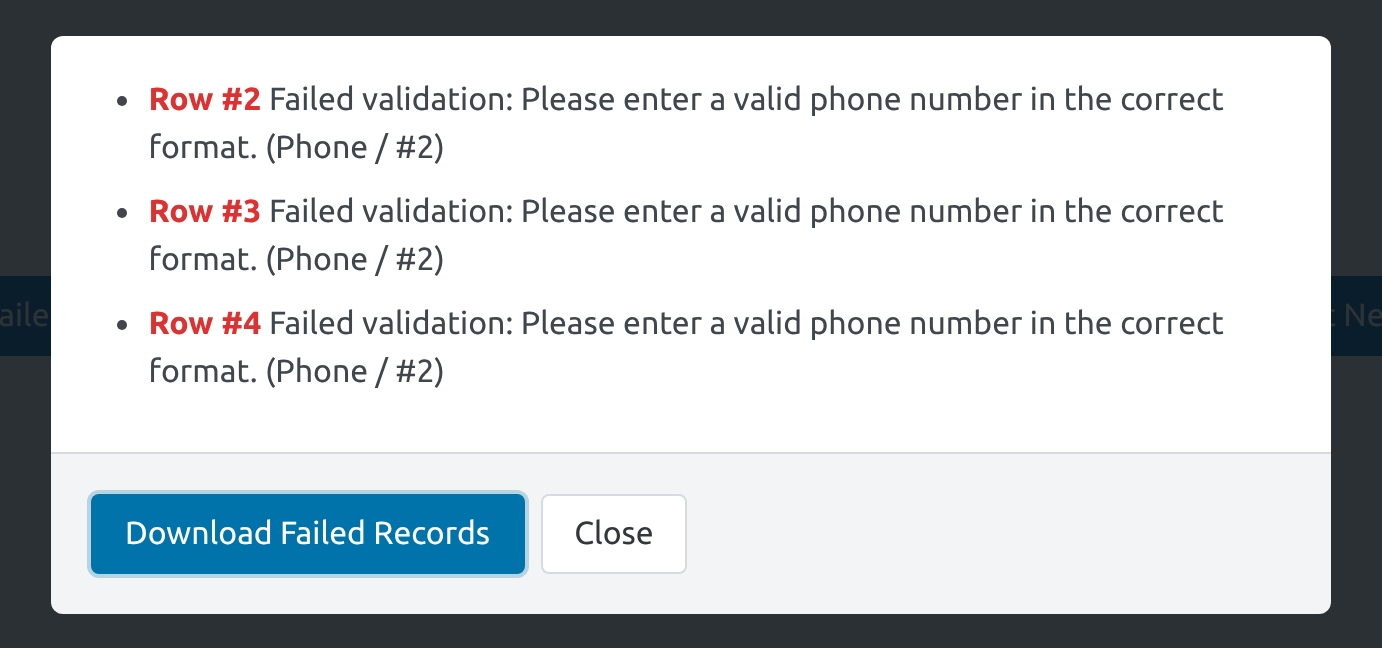 The GravityImport error log listing rows 2, 3, and 4 as Failed validation: Please enter a valid phone number in the correct format. (Phone / #2)
