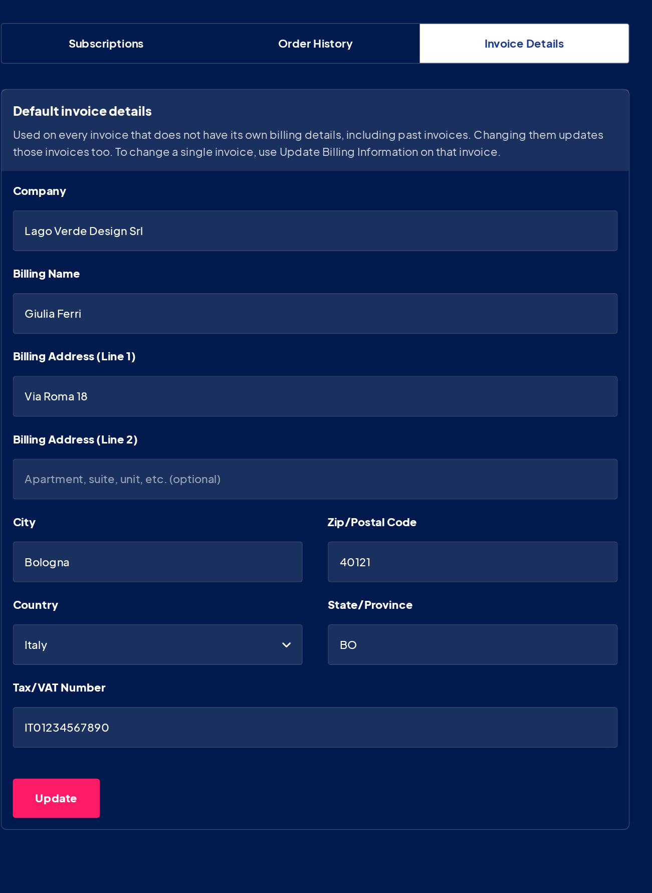 The Invoice Details tab of the Billing page in the GravityKit account, with a company, billing name, address in Italy and VAT number filled in