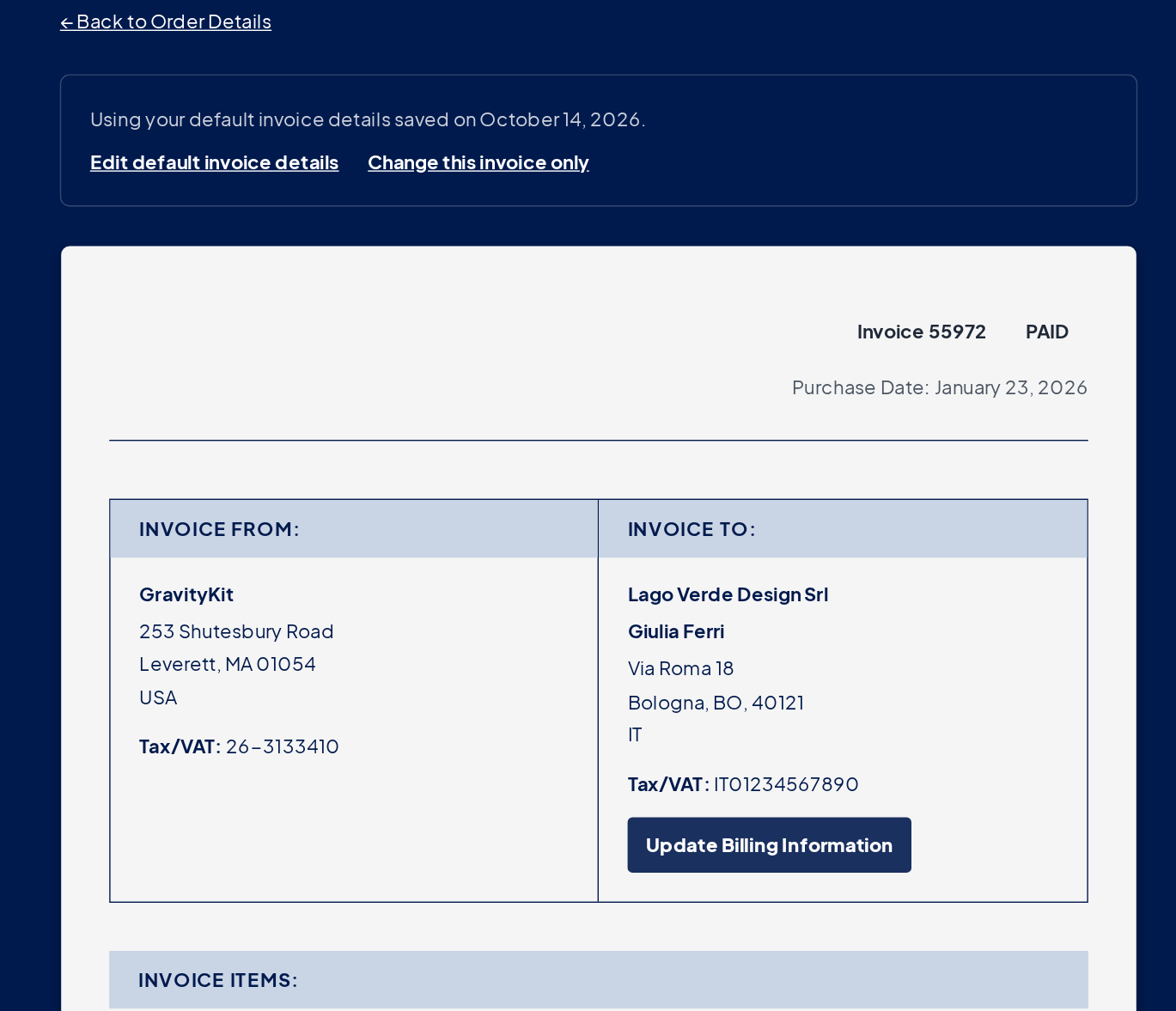 An invoice with the note "Using your default invoice details", showing the saved company, address and VAT number under Invoice To