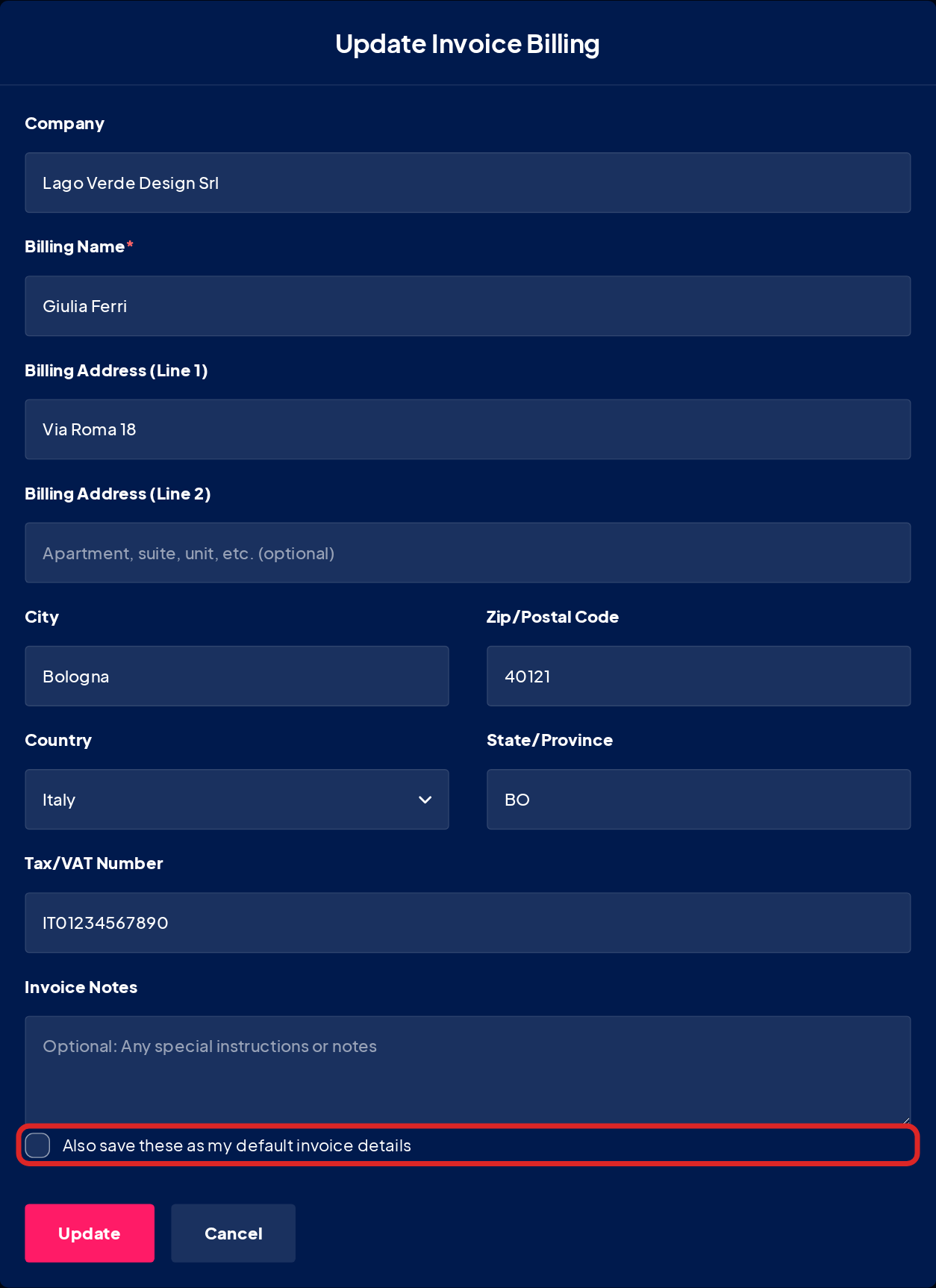 The Update Invoice Billing form for a single invoice, with the "Also save these as my default invoice details" checkbox outlined