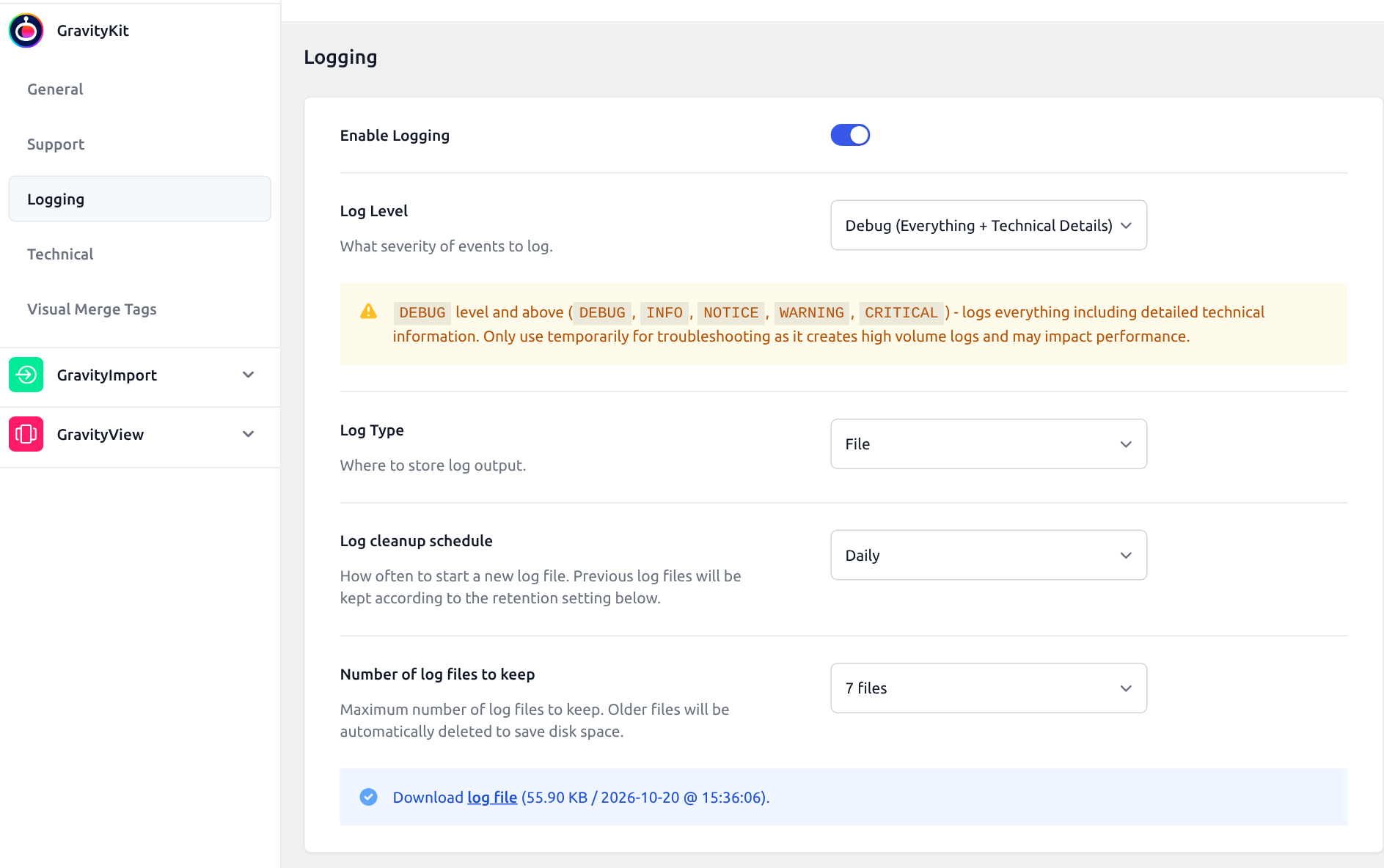 GravityKit Logging settings with Enable Logging on, Log Level set to Debug, Log Type set to File, and a link to download the log file
