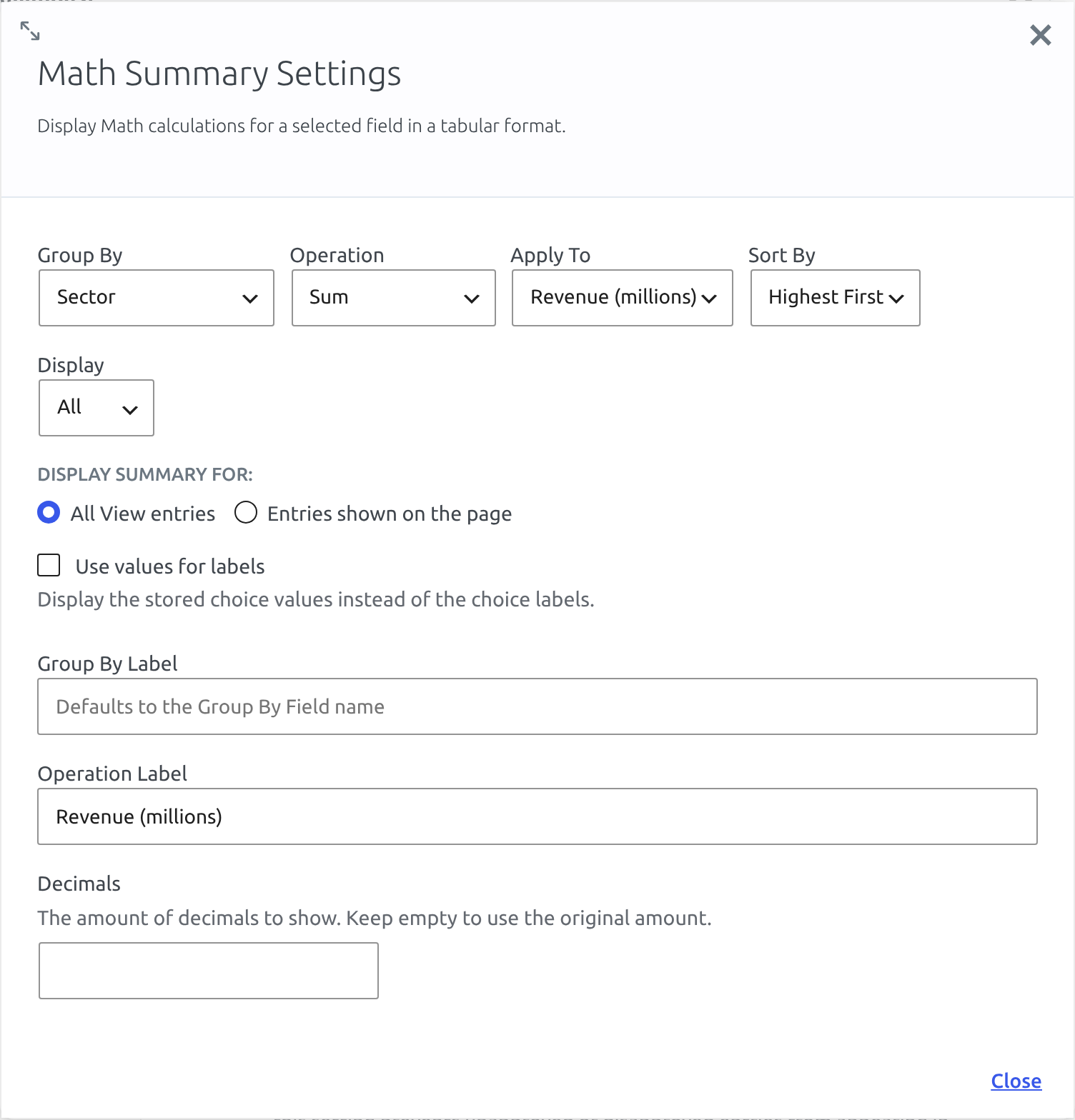 The Math Summary Settings window of the Math Summary widget, grouping by Sector with the Sum of Revenue, highest first