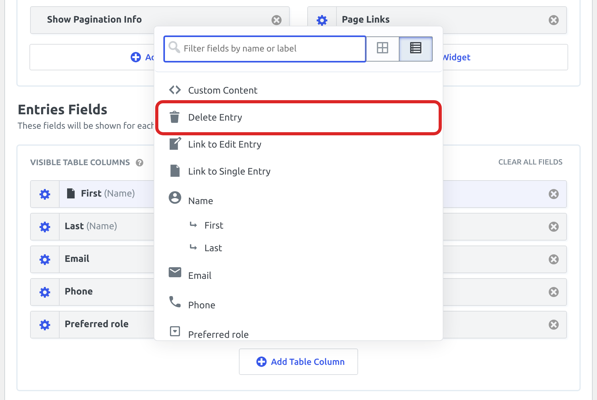 The field picker opened from Add Table Column, with Delete Entry outlined