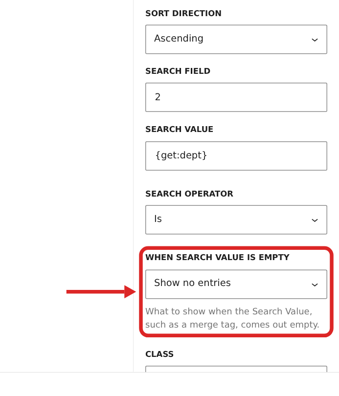 The GravityView View block's search settings in the editor sidebar: Search Field, Search Value set to {get:dept}, Search Operator, and When Search Value is empty set to Show no entries and outlined