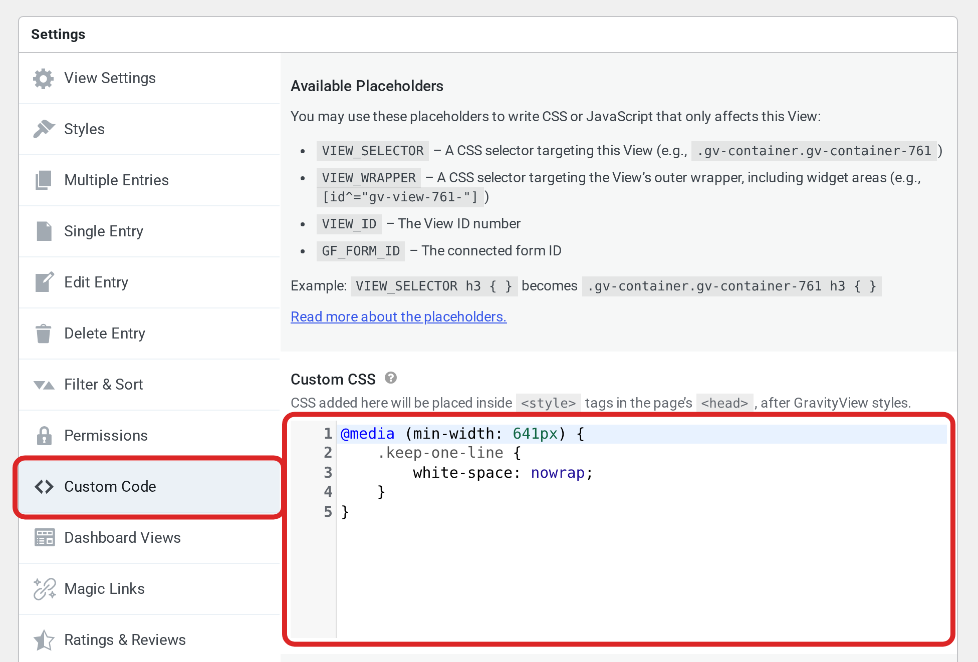 The Settings box of the View editor with the Custom Code tab open. The Custom Code tab and the Custom CSS box, which holds the keep-one-line rule, are outlined in red.