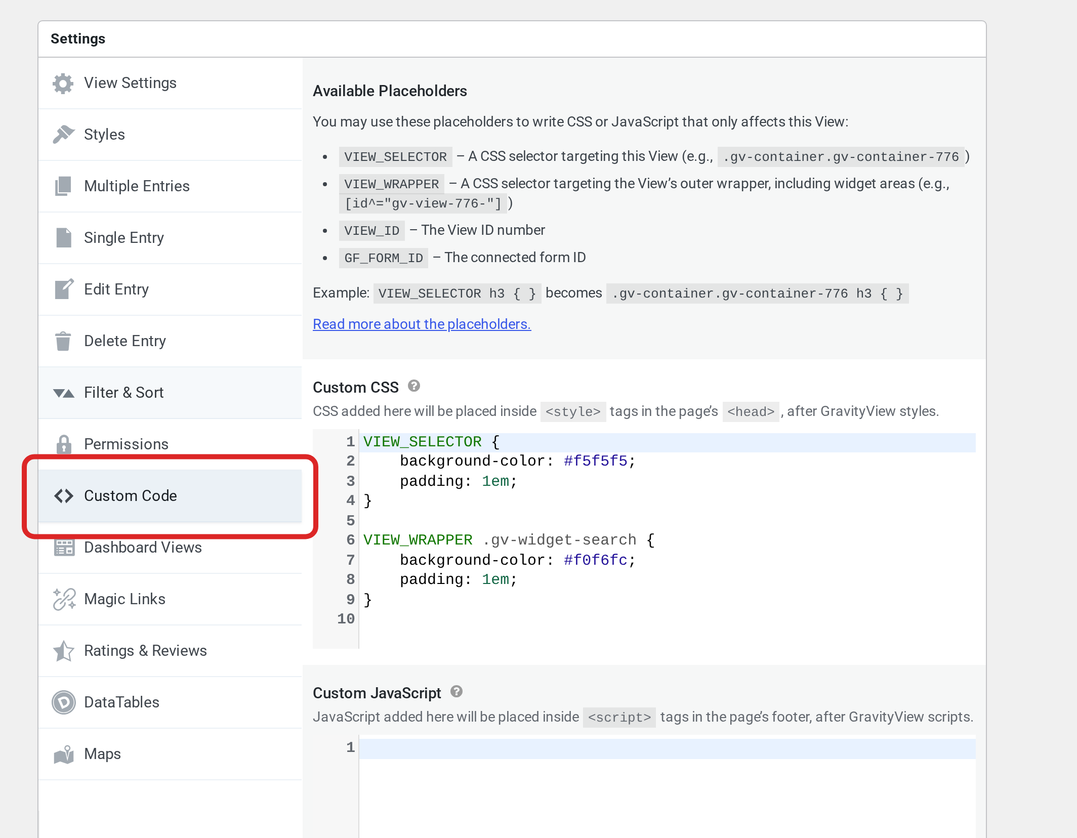 The Settings box of a View with the Custom Code tab selected and outlined in red. The tab lists the four placeholders above a Custom CSS field that holds two example rules.
